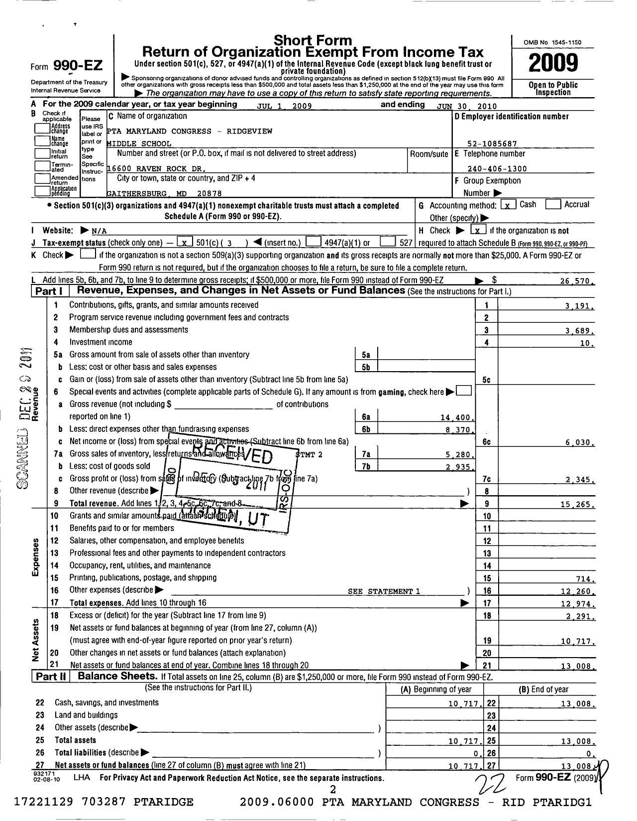 Image of first page of 2009 Form 990EZ for PTA Delaware Congress / Ridgeview Intermediate School Ptsa