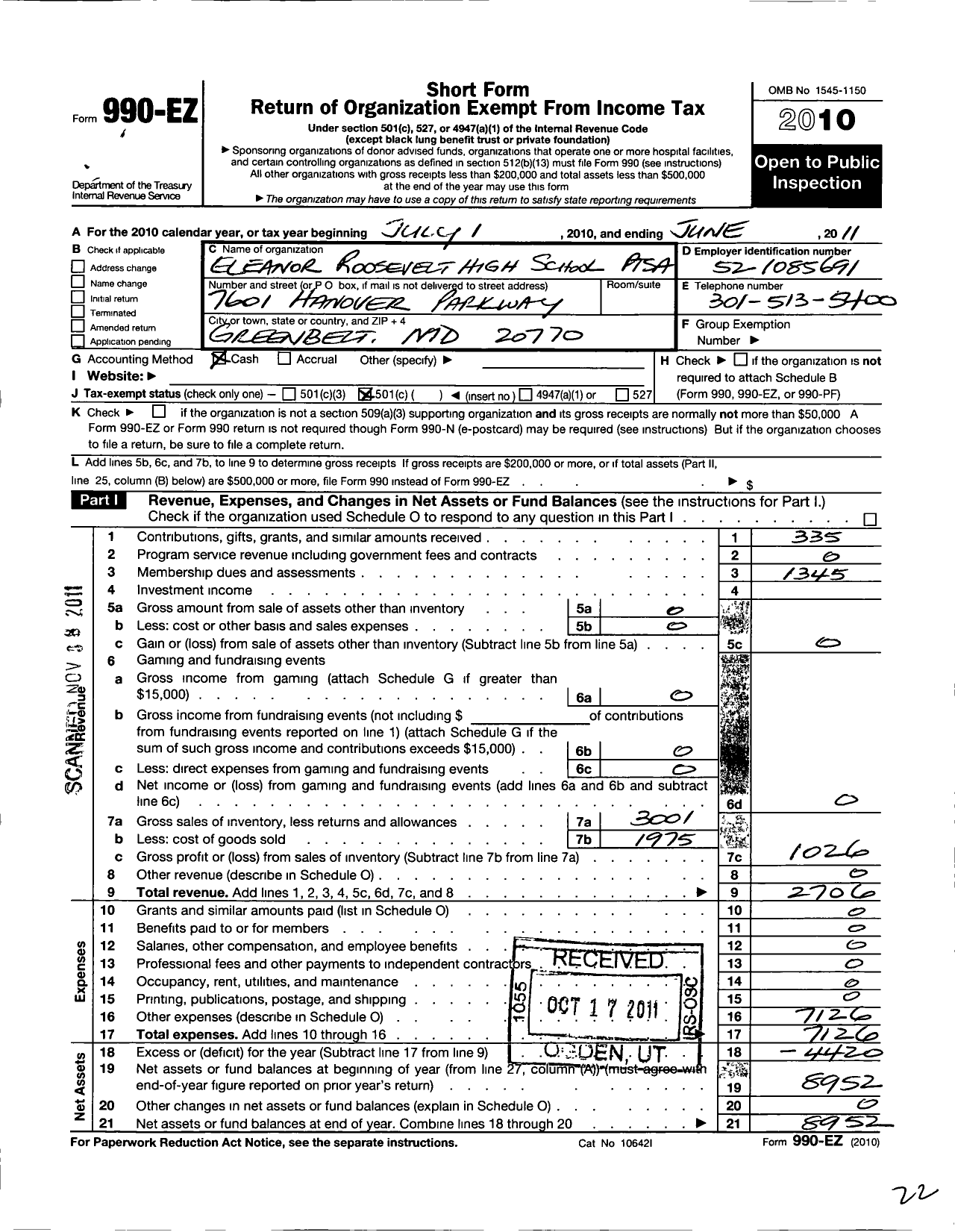 Image of first page of 2010 Form 990EO for PTA Delaware Congress / Eleanor Roosevelt High School PTA