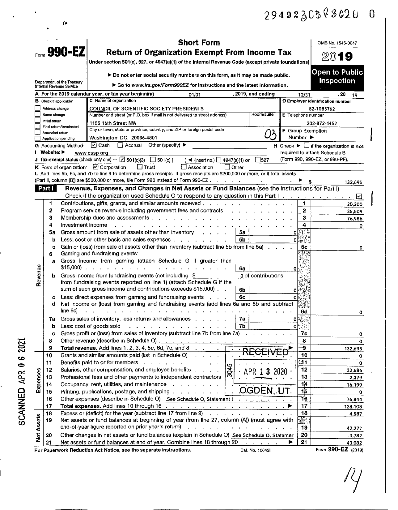 Image of first page of 2019 Form 990EZ for Council of Scientific Society Presidents (CSSP)