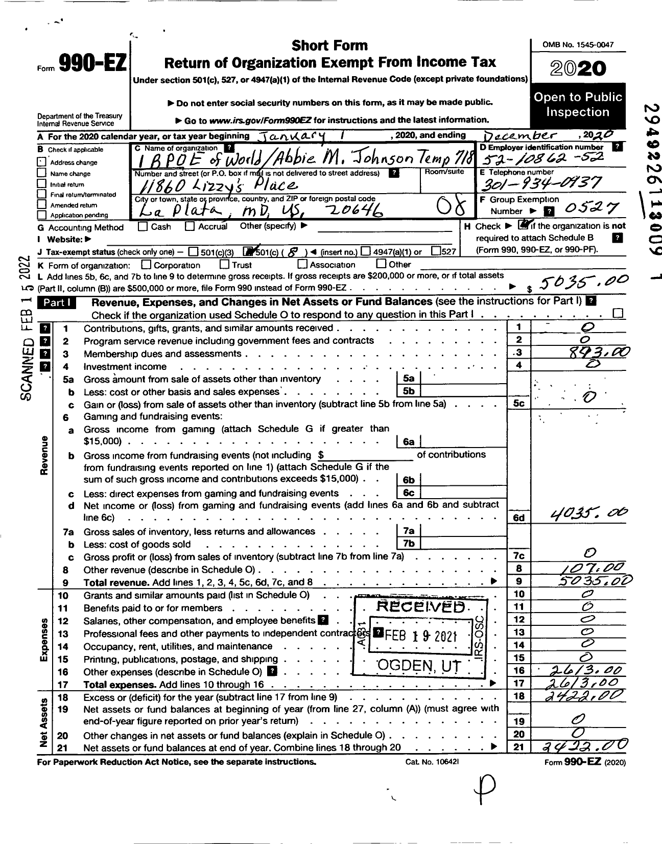 Image of first page of 2020 Form 990EO for Improved Benevolent and Protective Order of Elks of the World - 718 Abbie M Johnson Temple