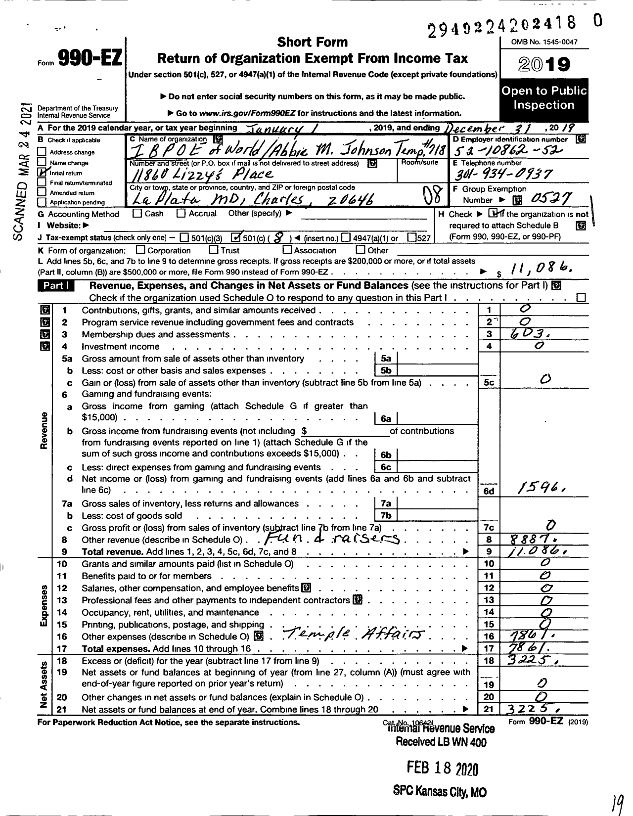 Image of first page of 2019 Form 990EO for Improved Benevolent and Protective Order of Elks of the World - 718 Abbie M Johnson Temple