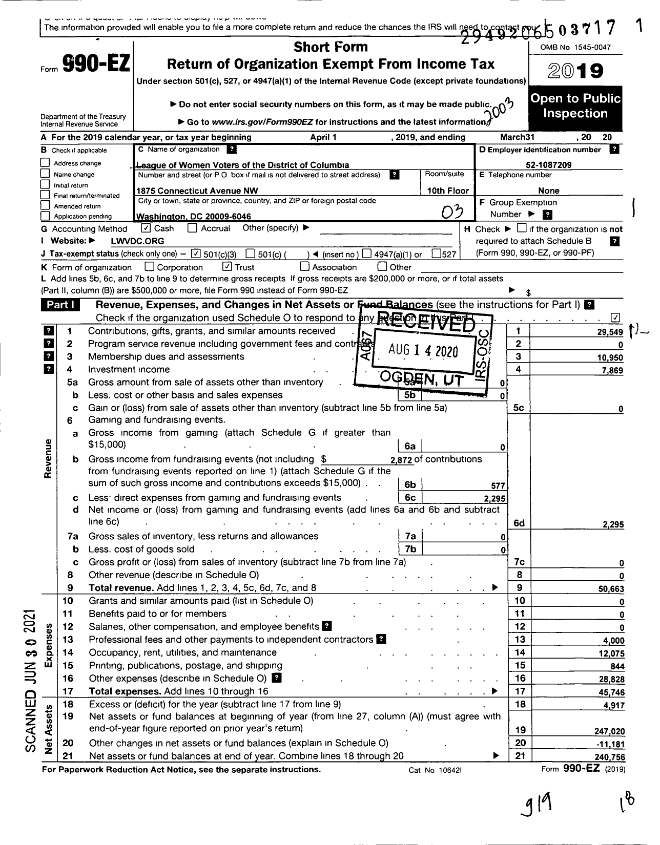 Image of first page of 2019 Form 990EZ for League of Women Voters of the District of Columbia