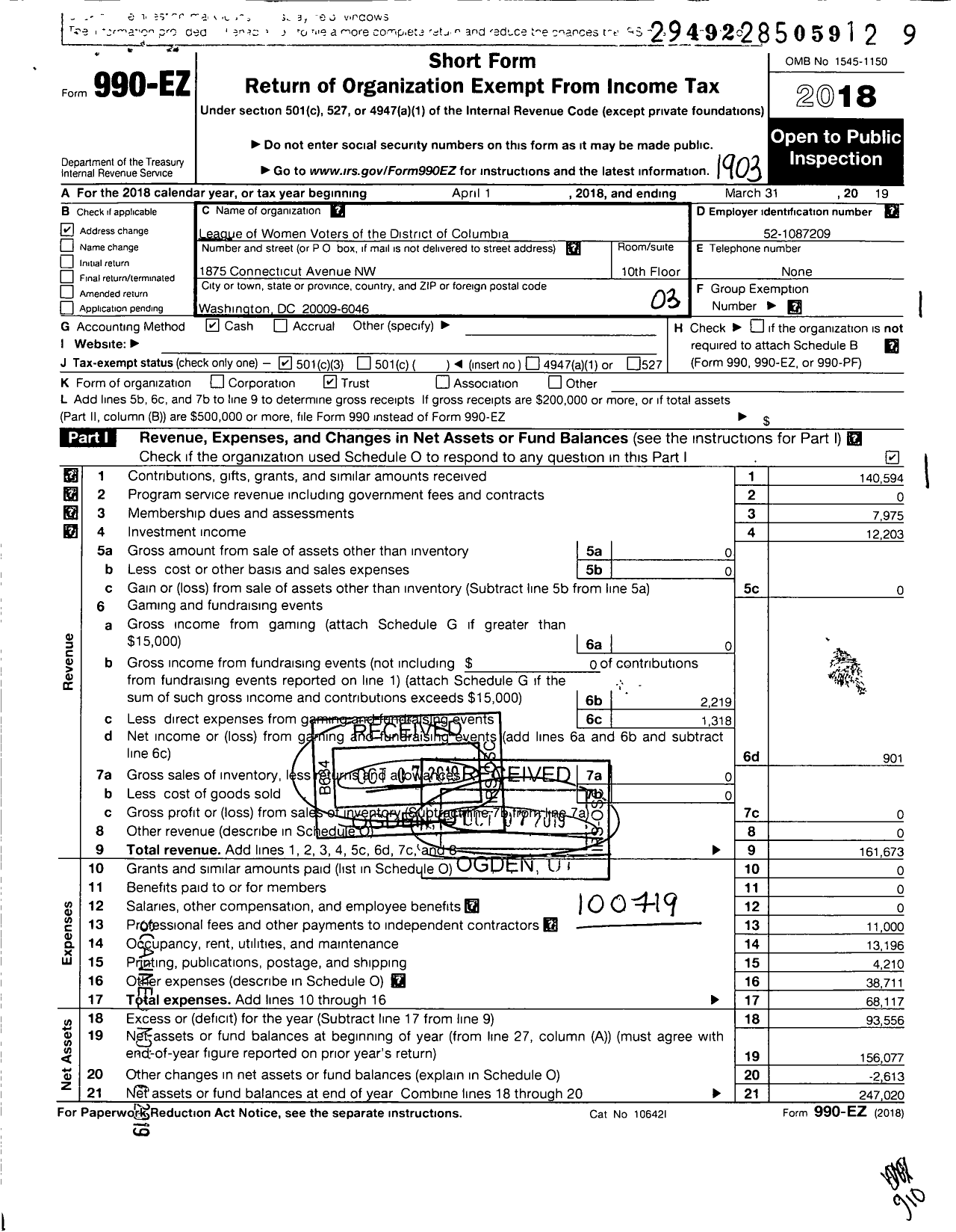 Image of first page of 2018 Form 990EZ for League of Women Voters of the District of Columbia