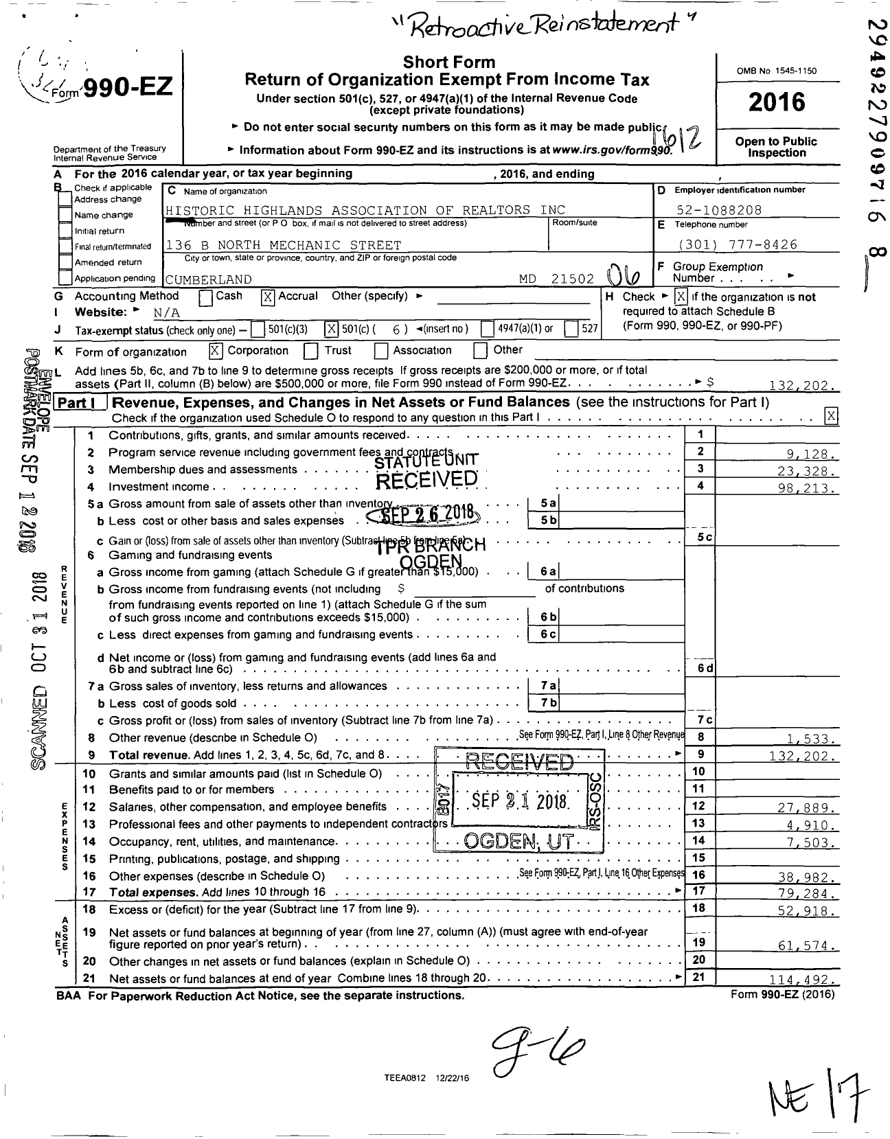 Image of first page of 2016 Form 990EO for Historic Highlands Association of Realtors