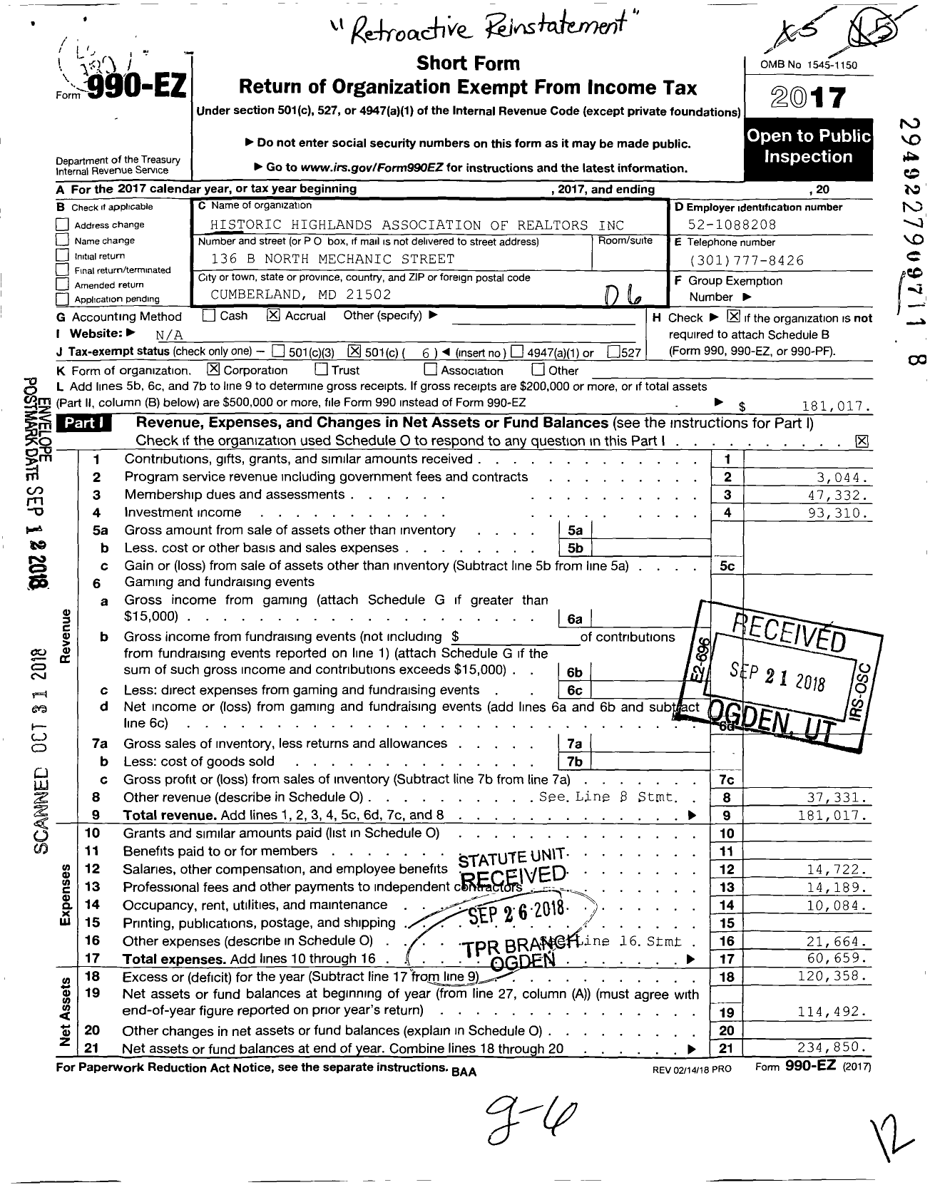 Image of first page of 2017 Form 990EO for Historic Highlands Association of Realtors