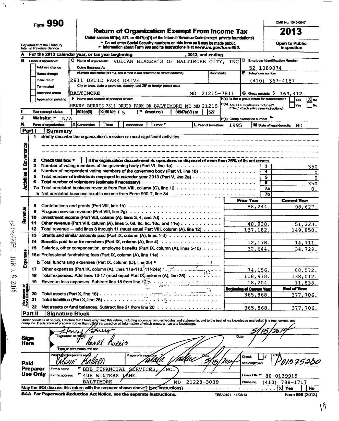 Image of first page of 2013 Form 990O for Vulcan Blazers of Baltimore City Incorporated