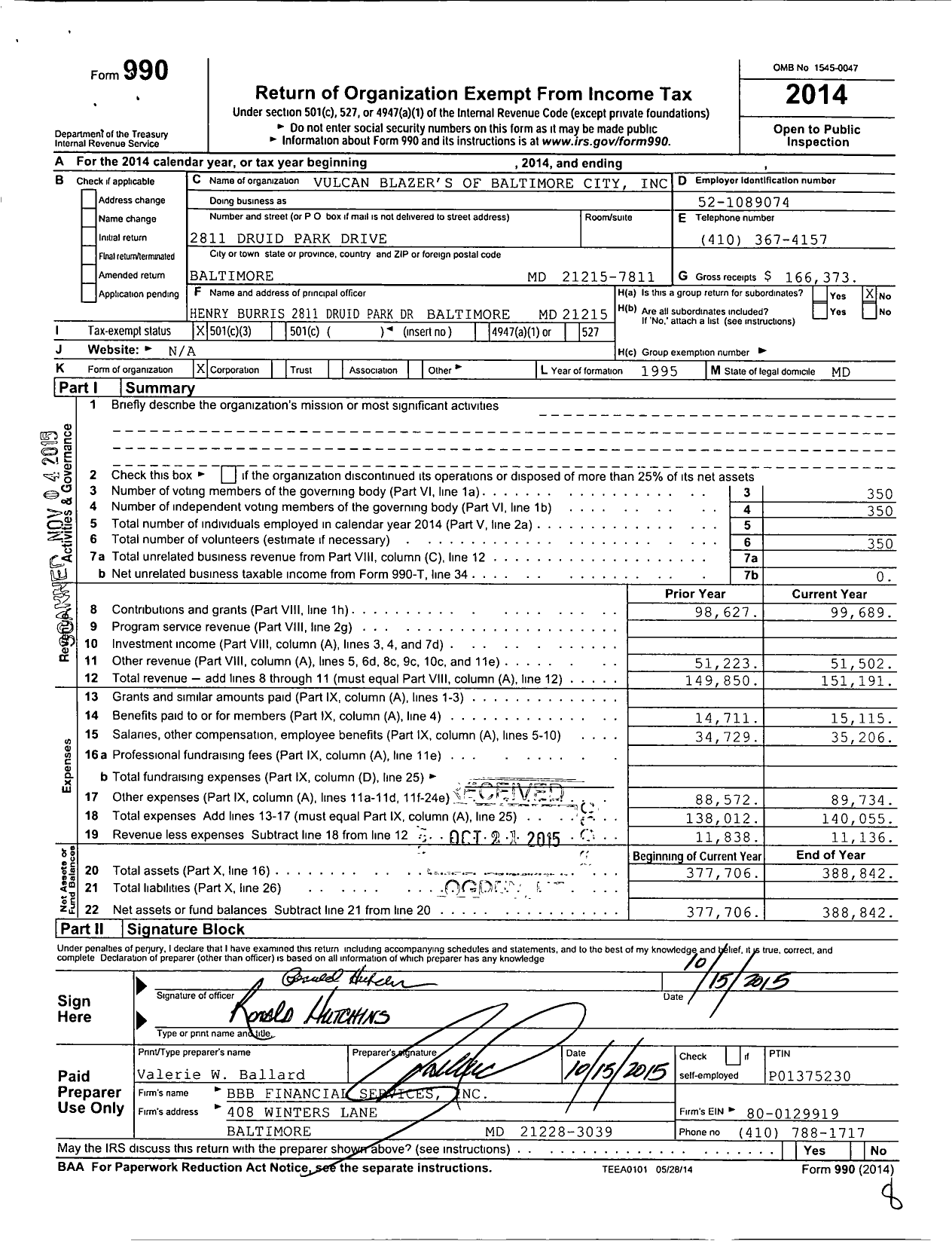 Image of first page of 2014 Form 990 for Vulcan Blazers of Baltimore City Incorporated