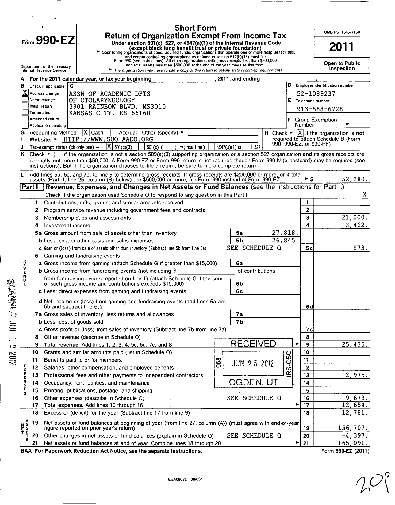 Image of first page of 2011 Form 990EZ for Association of Academic Departments of Otolaryngology