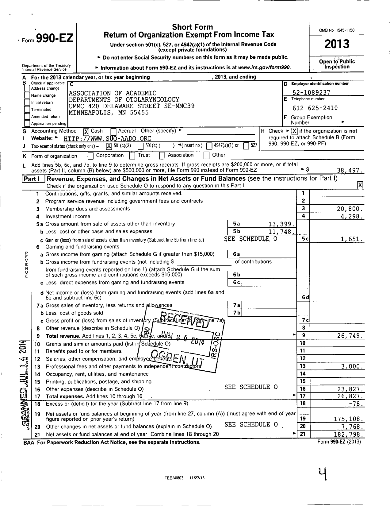 Image of first page of 2013 Form 990EZ for Association of Academic Departments of Otolaryngology