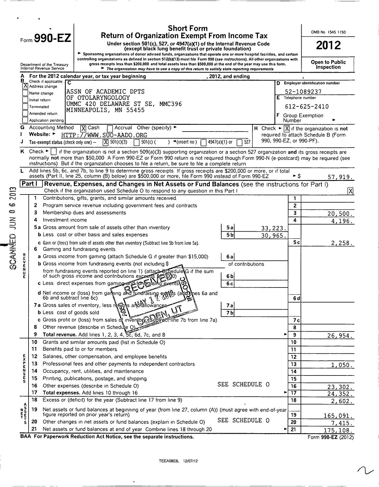 Image of first page of 2012 Form 990EZ for Association of Academic Departments of Otolaryngology