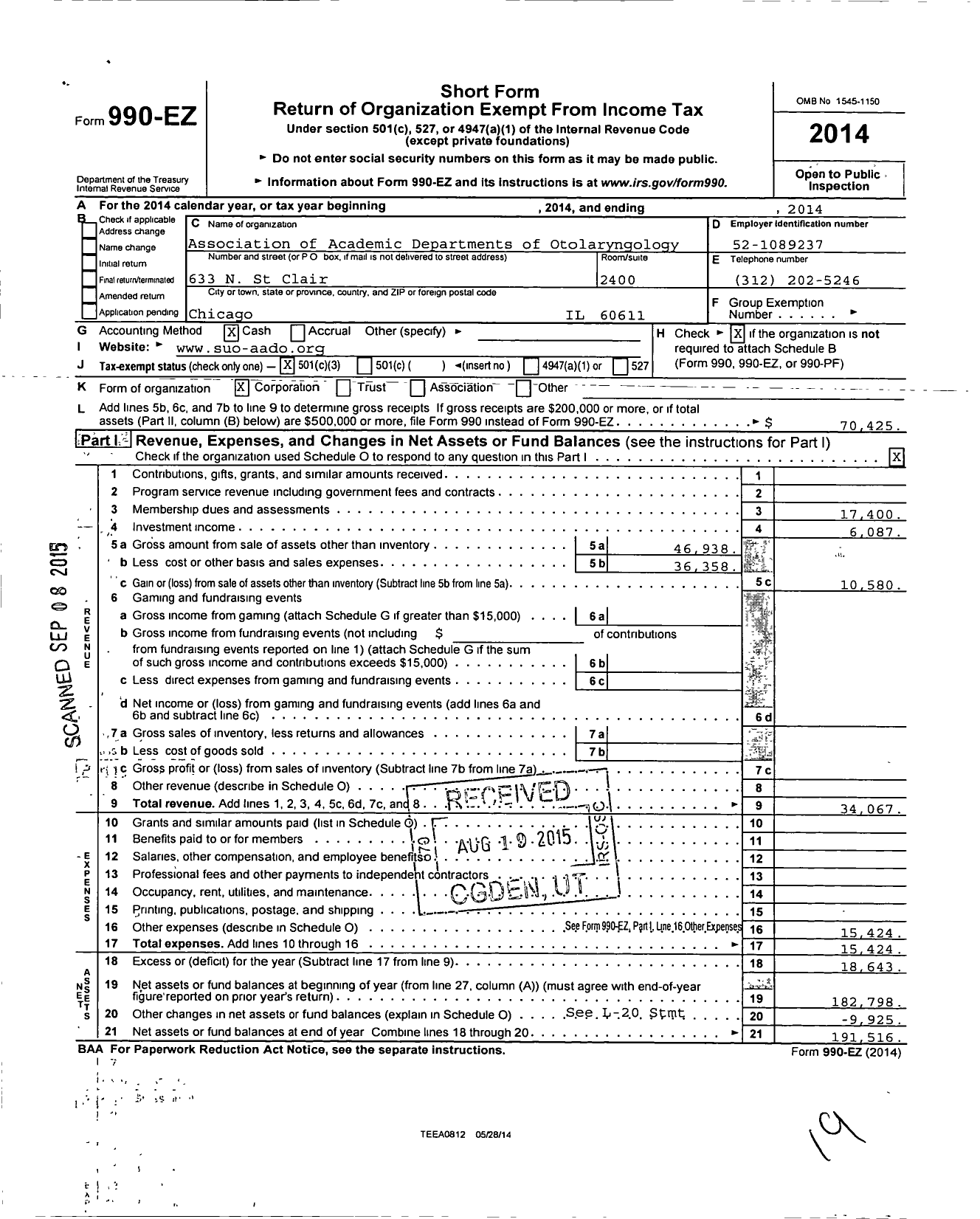 Image of first page of 2014 Form 990EZ for Association of Academic Departments of Otolaryngology