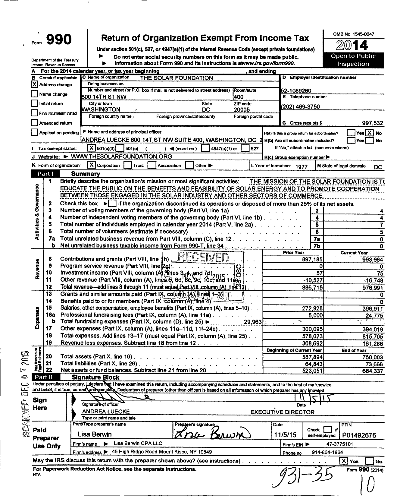 Image of first page of 2014 Form 990 for The Solar Foundation