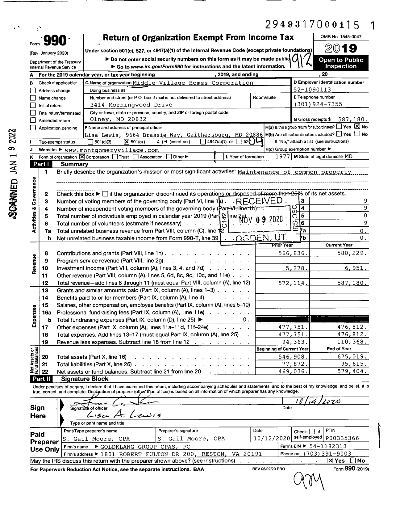 Image of first page of 2019 Form 990O for Middle Village Homes Corporation