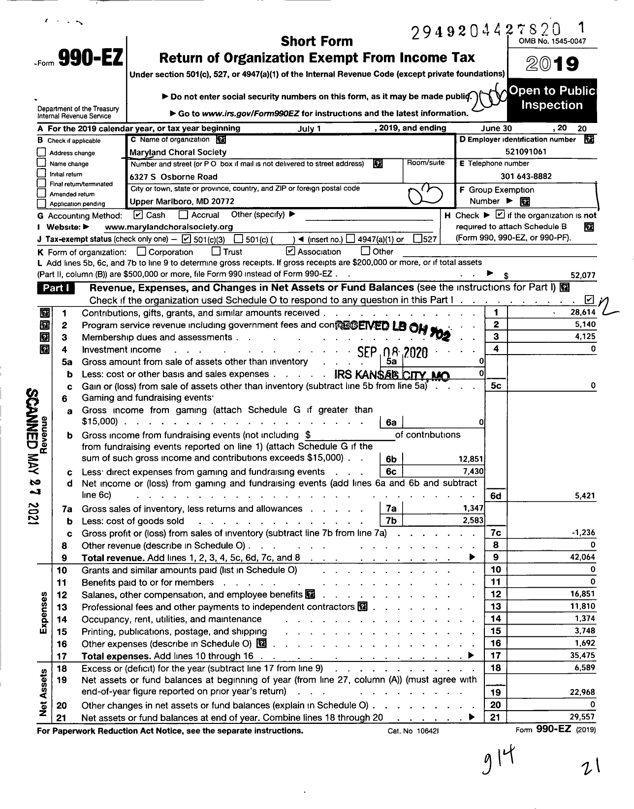 Image of first page of 2019 Form 990EZ for Maryland Choral Society