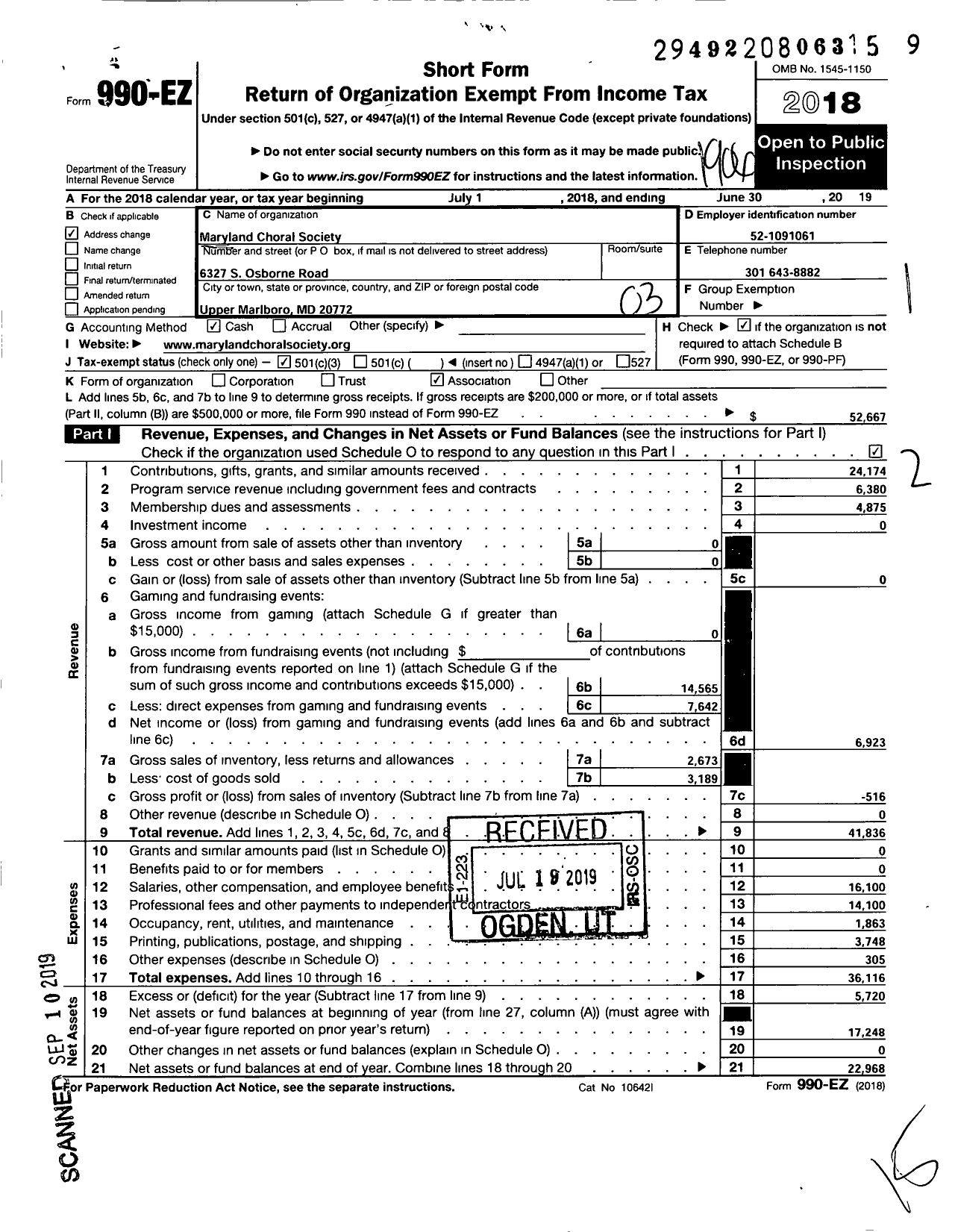 Image of first page of 2018 Form 990EZ for Maryland Choral Society