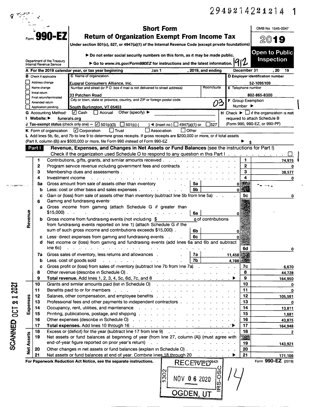 Image of first page of 2019 Form 990EZ for Funeral Consumers Alliance