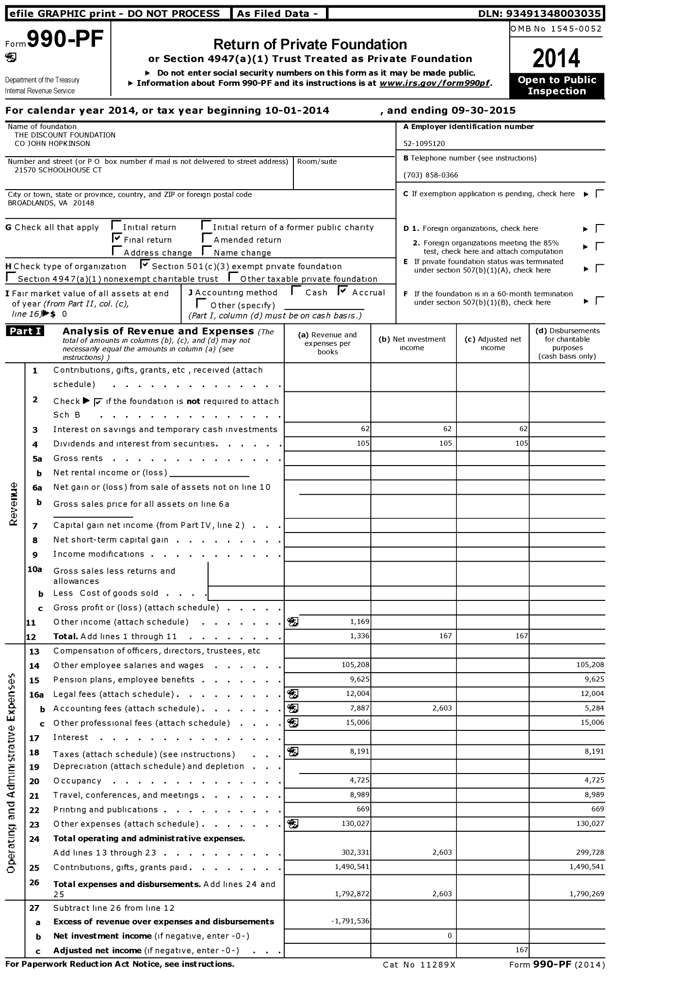 Image of first page of 2014 Form 990PF for The Discount Foundation John Hopkinson