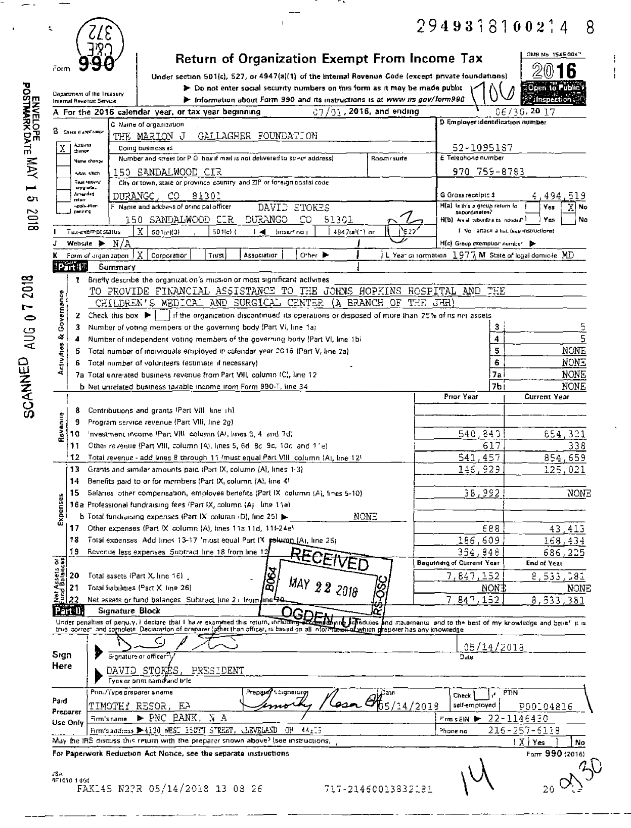 Image of first page of 2016 Form 990 for The Marion J Gallagher Foundation