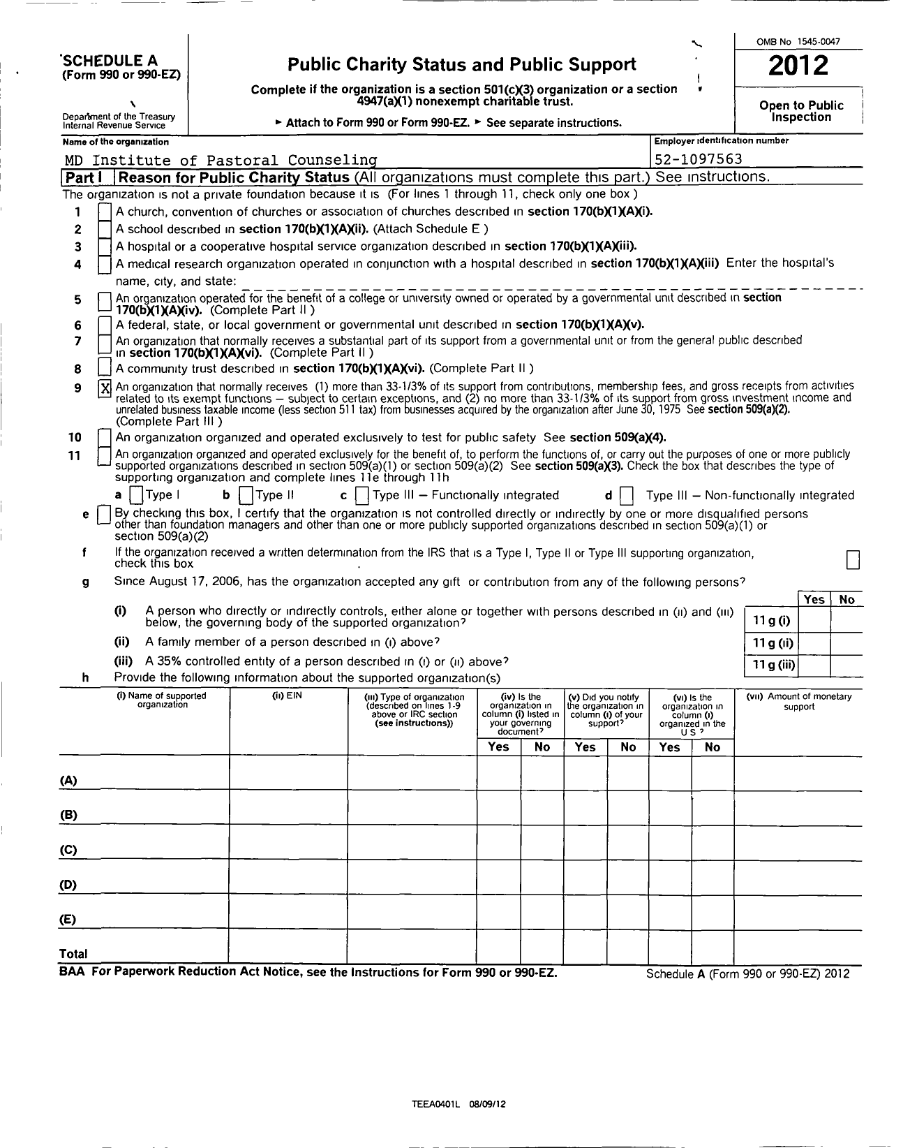 Image of first page of 2012 Form 990R for MD Institute of Pastoral Counseling