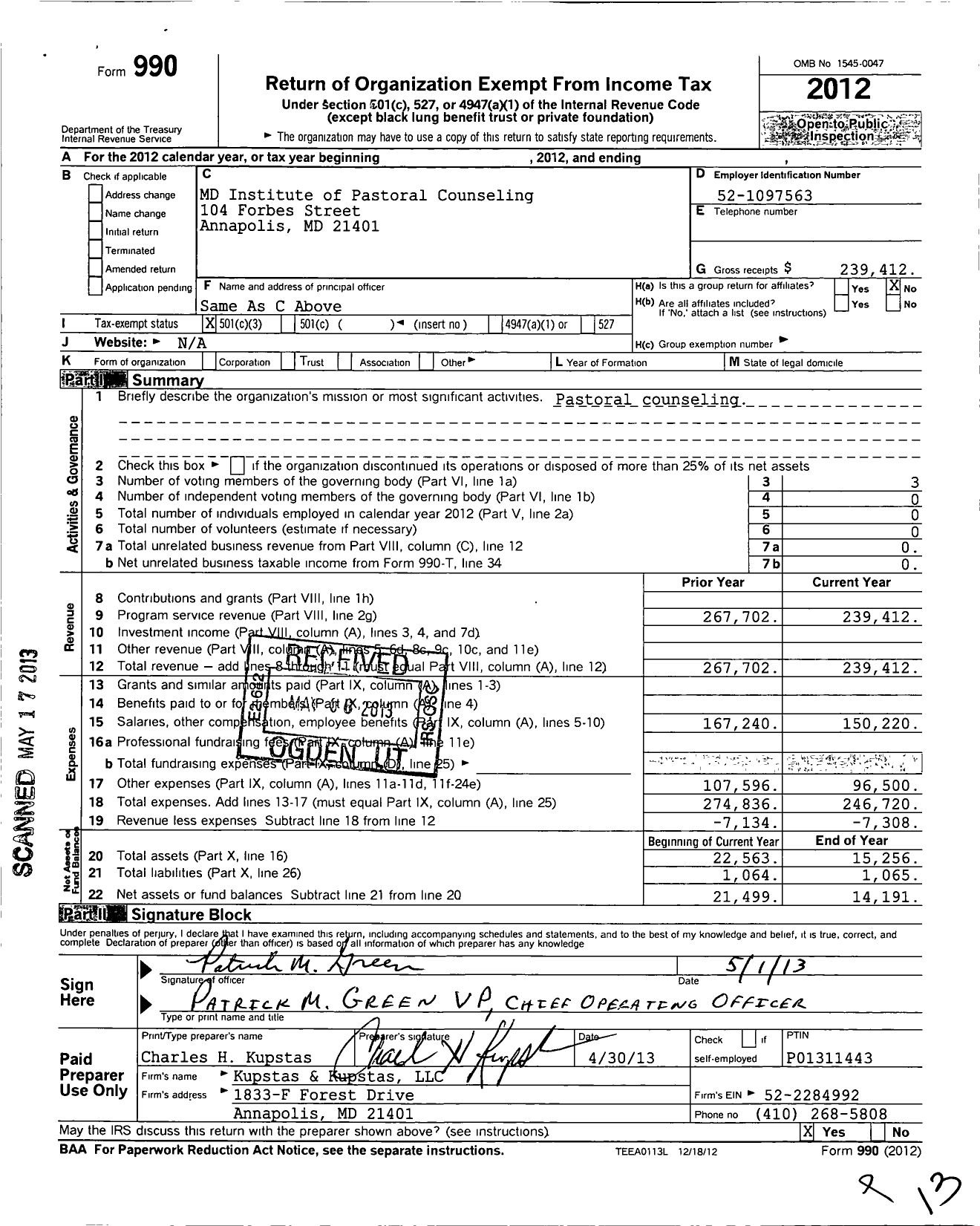 Image of first page of 2012 Form 990 for MD Institute of Pastoral Counseling