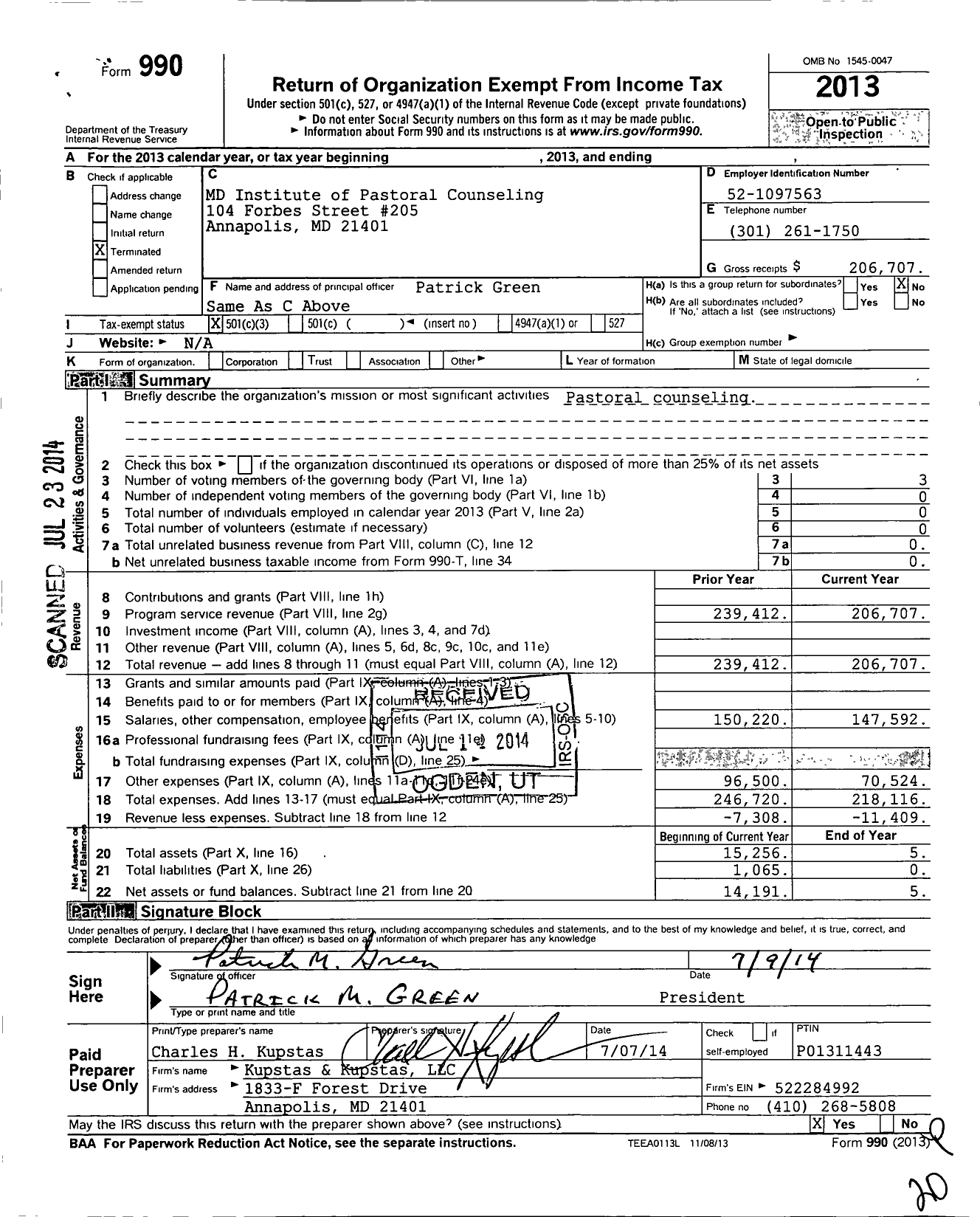 Image of first page of 2013 Form 990 for MD Institute of Pastoral Counseling