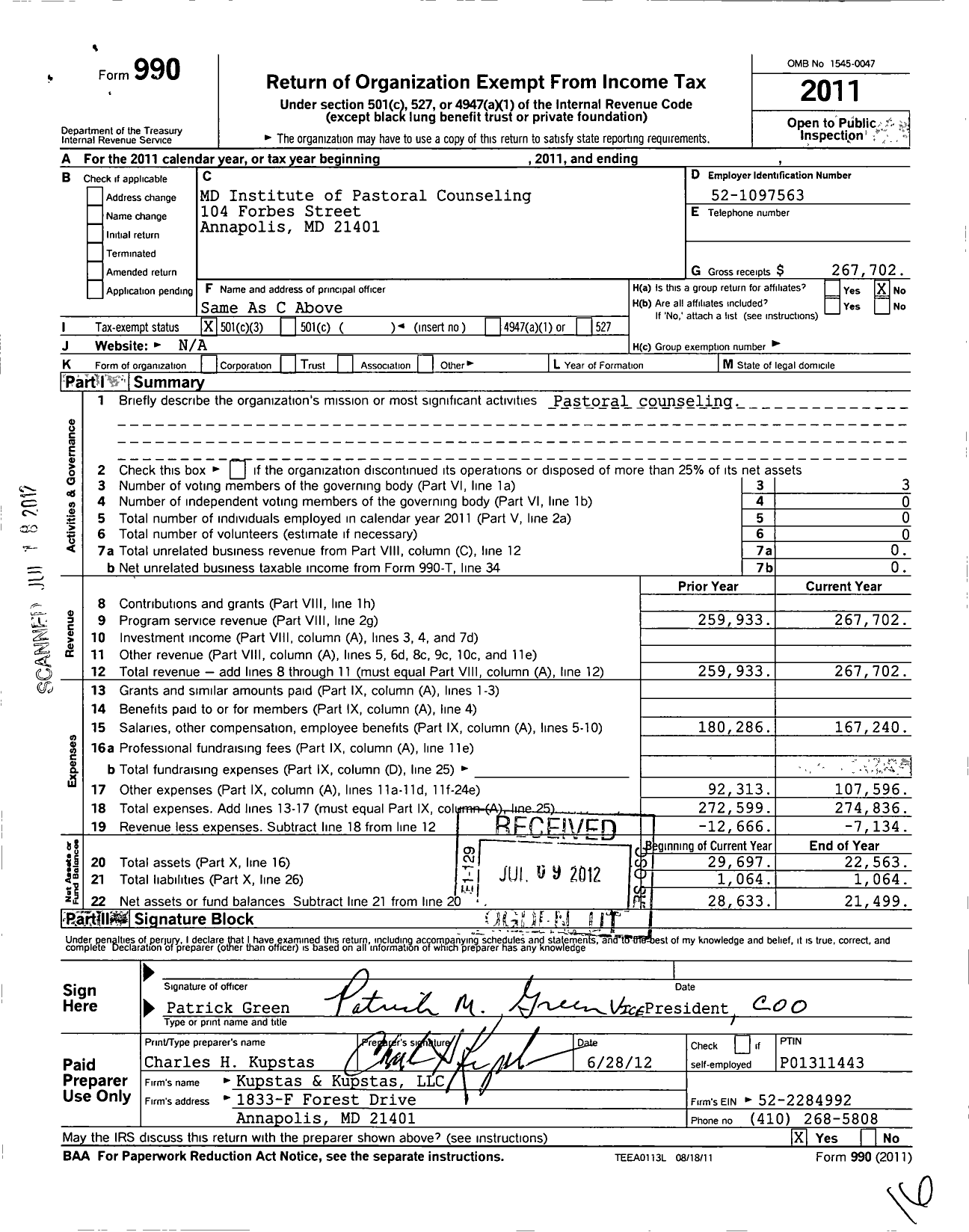 Image of first page of 2011 Form 990 for MD Institute of Pastoral Counseling