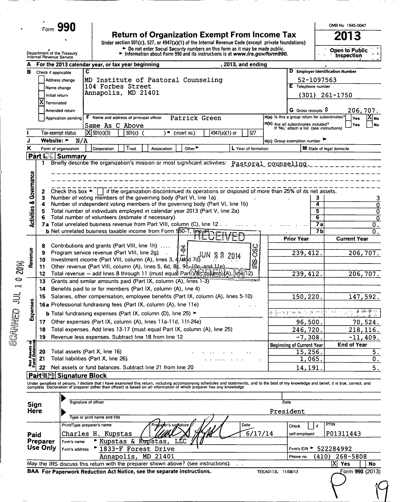 Image of first page of 2013 Form 990 for MD Institute of Pastoral Counseling