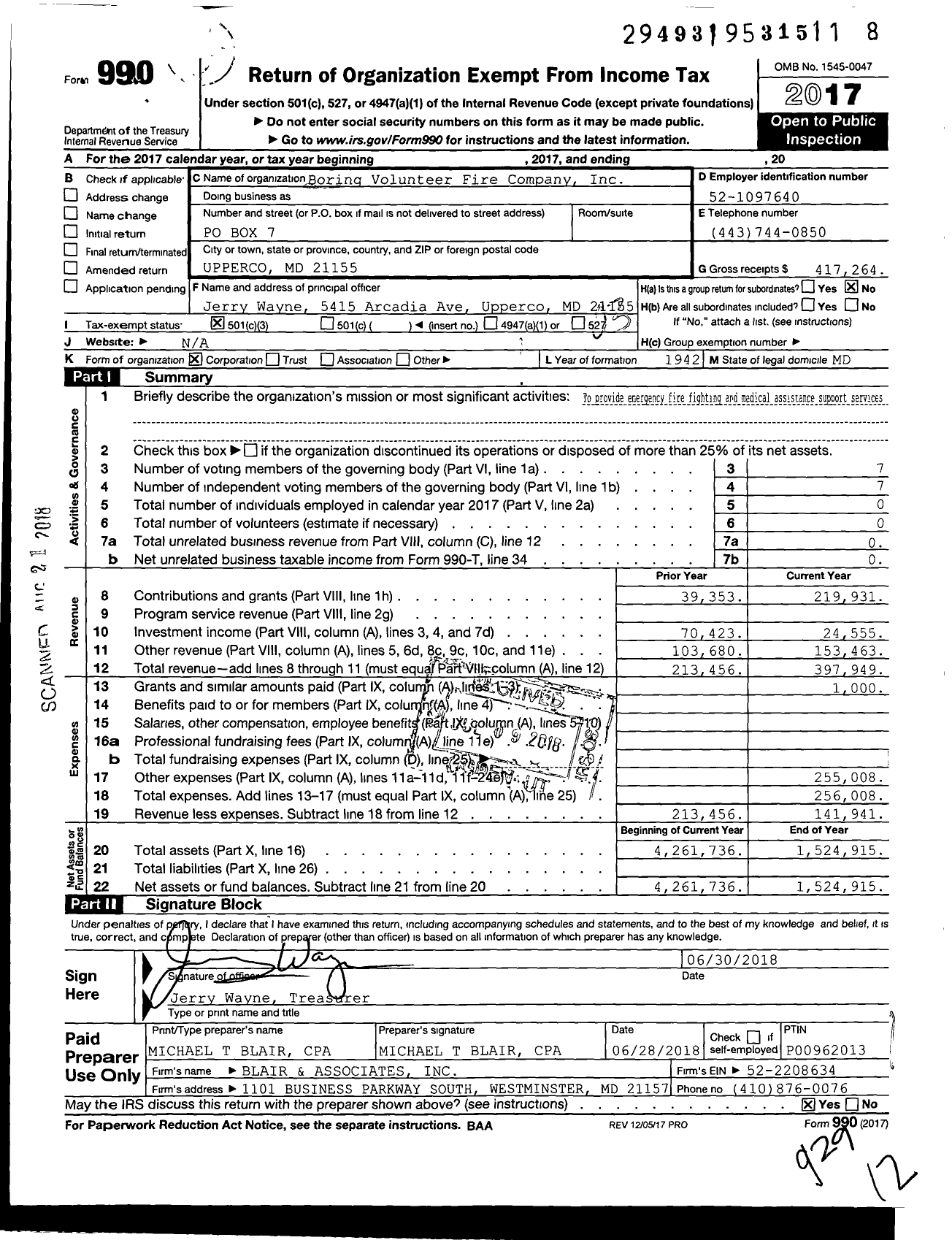 Image of first page of 2017 Form 990 for Boring Volunteer Fire Company