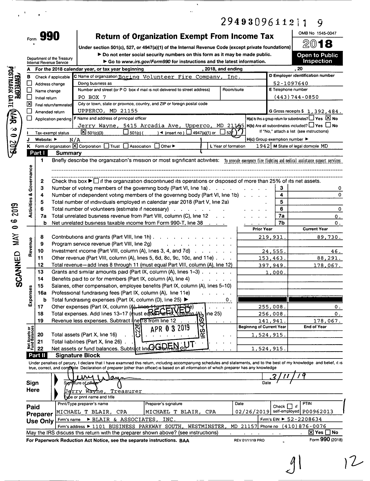 Image of first page of 2018 Form 990 for Boring Volunteer Fire Company