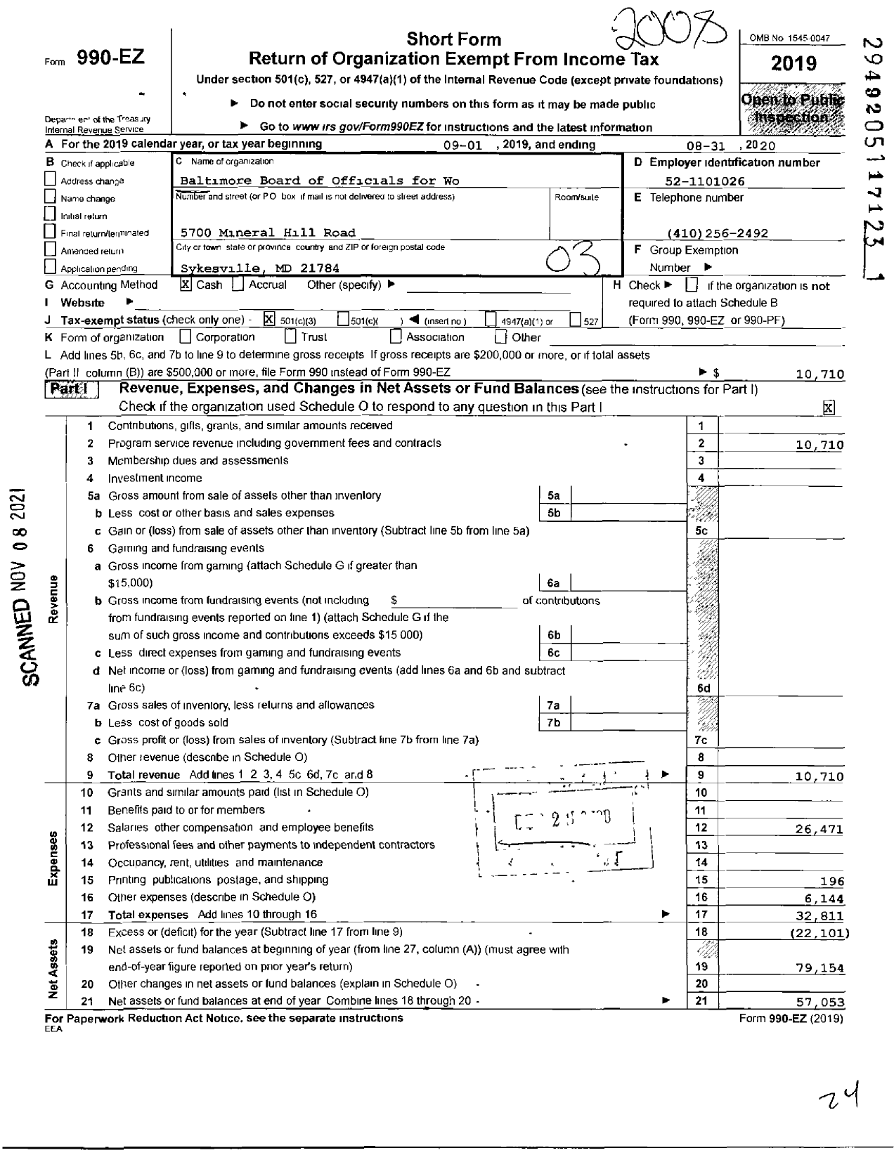 Image of first page of 2019 Form 990EZ for Baltimore Board of Officials for Wo