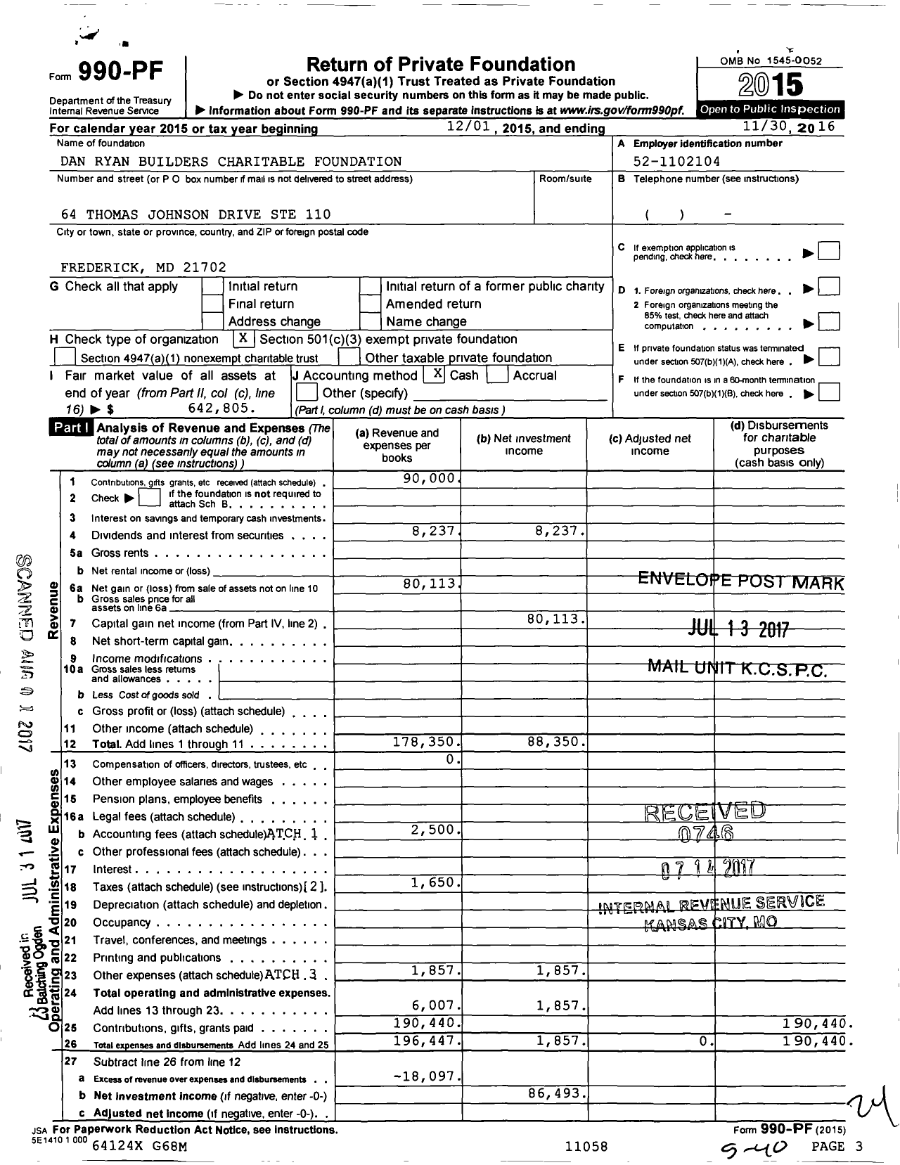 Image of first page of 2015 Form 990PF for Dan Ryan Builders Charitable Foundation