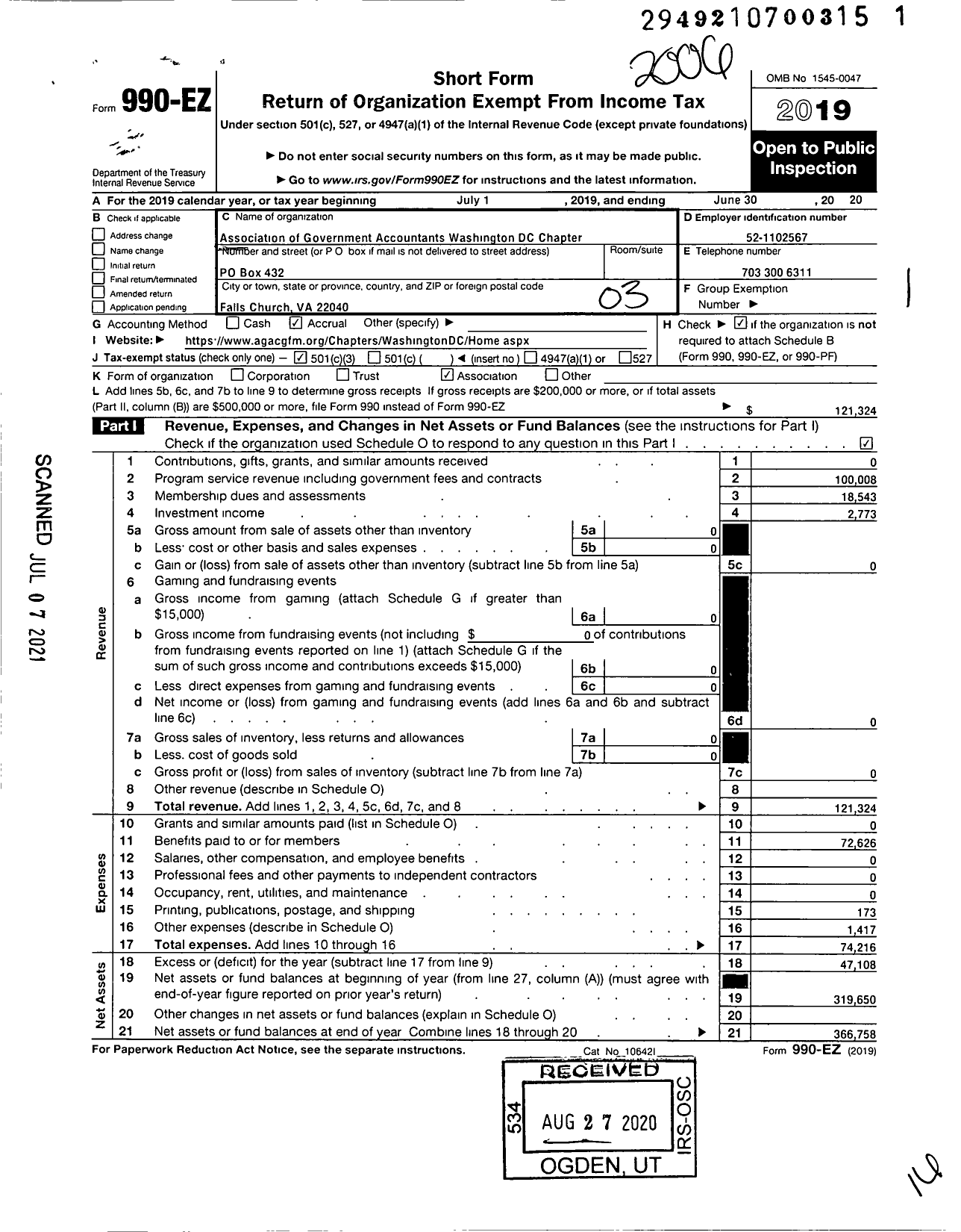 Image of first page of 2019 Form 990EZ for ASSOCIATION OF GOVERNMENT ACCOUNTANTS Washington DC Chapter