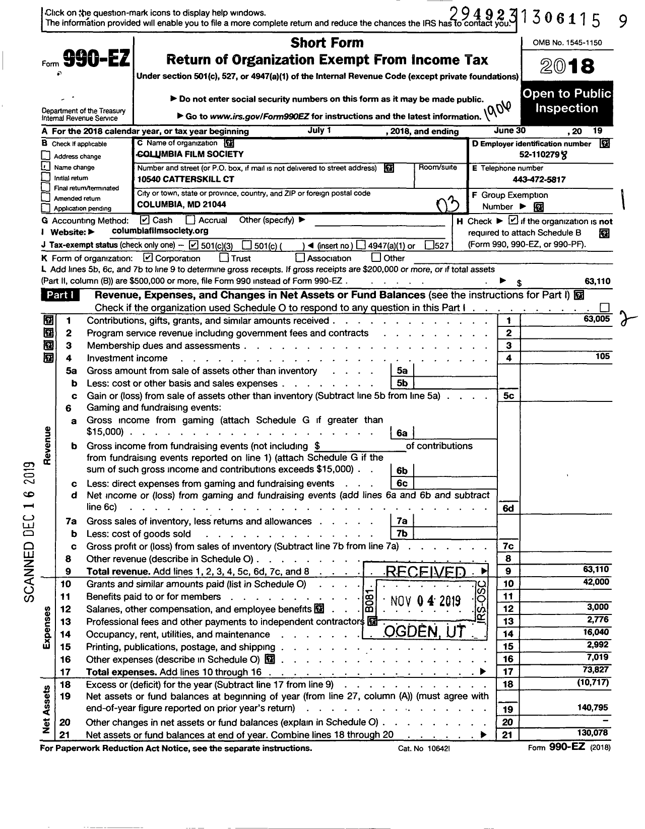 Image of first page of 2018 Form 990EZ for Columbia Film Society