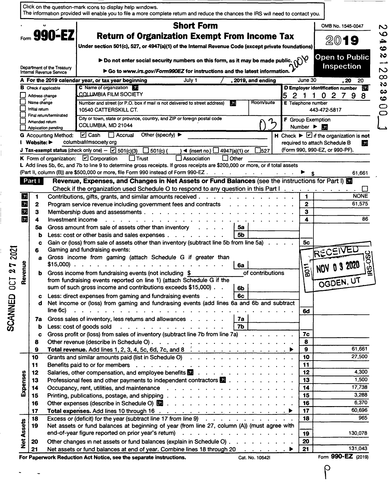 Image of first page of 2019 Form 990EZ for Columbia Film Society