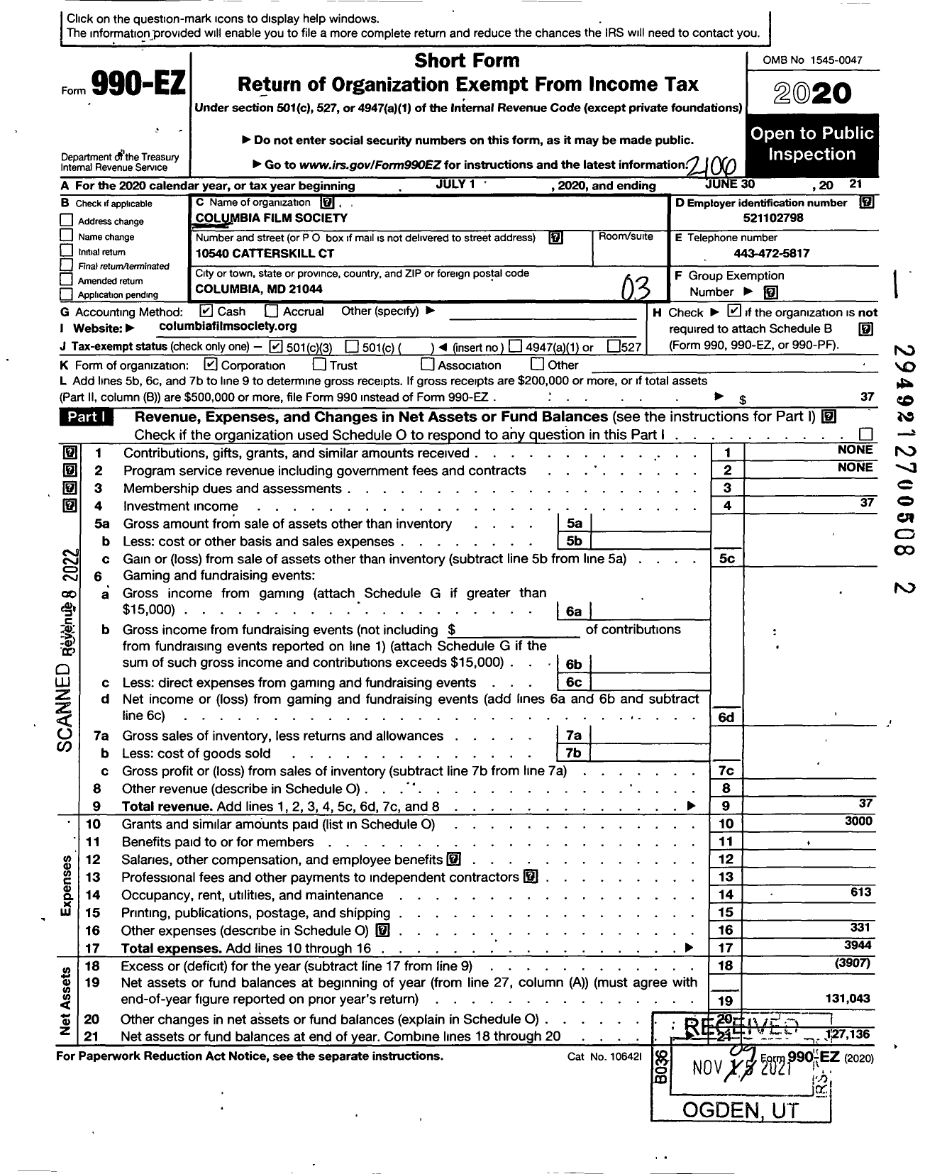 Image of first page of 2020 Form 990EZ for Columbia Film Society