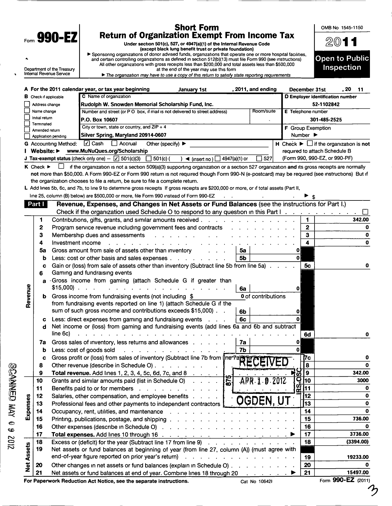 Image of first page of 2011 Form 990EZ for Rudolph W Snowden Memorial Scholarship Fund