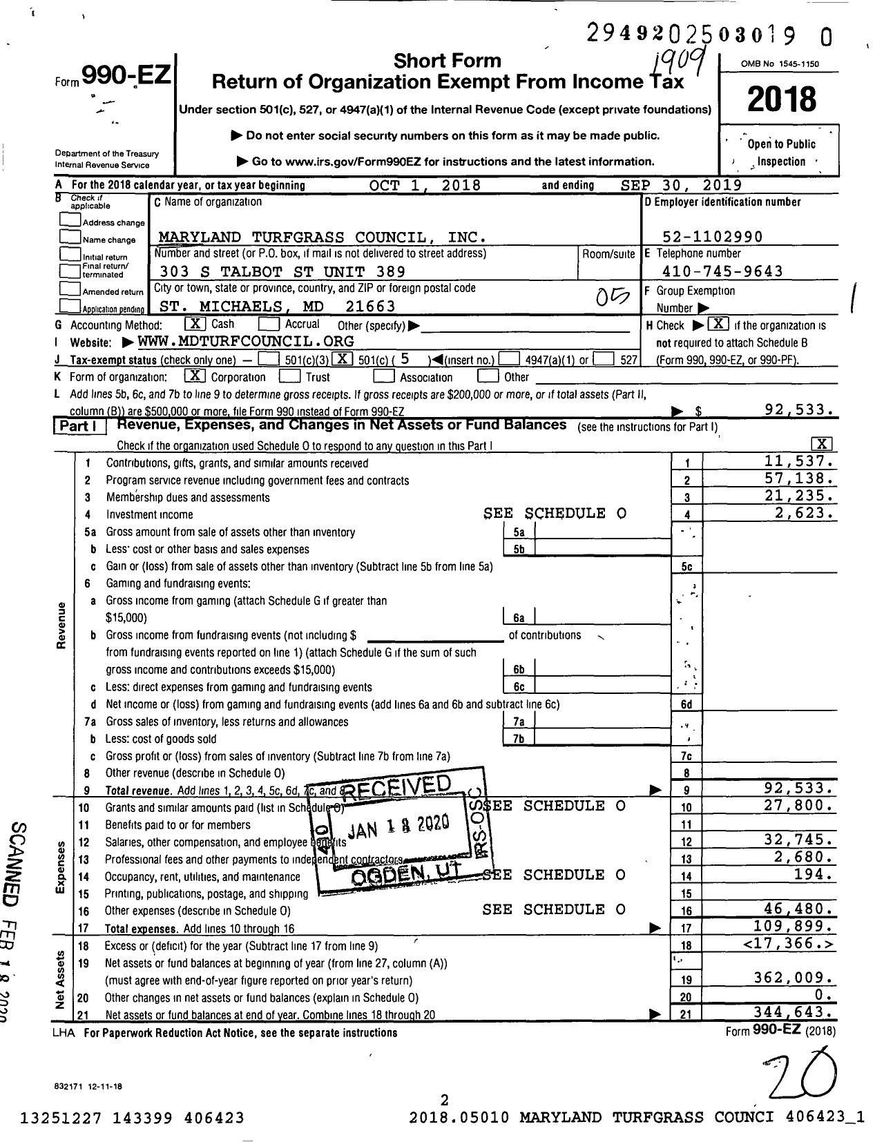 Image of first page of 2018 Form 990EO for Maryland Turfgrass Council