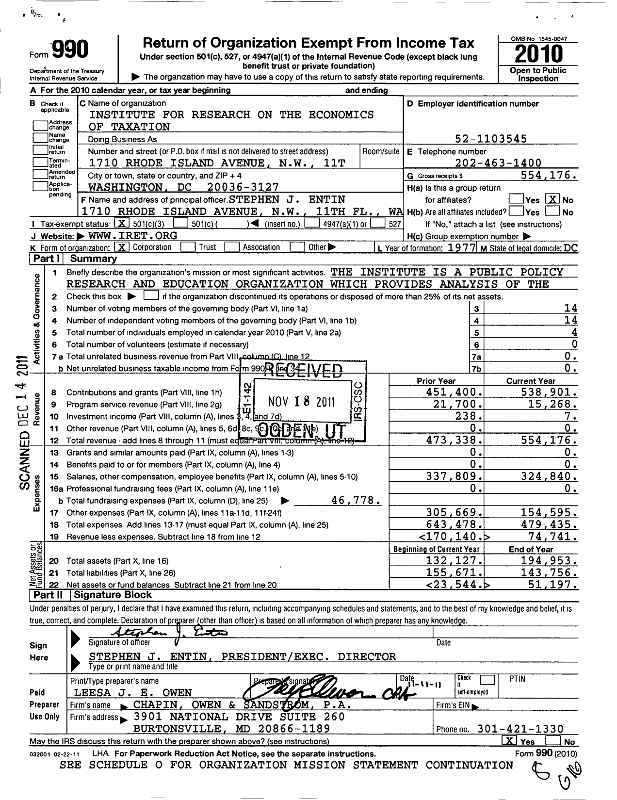 Image of first page of 2010 Form 990 for Institute for Research on the Economics of Taxation