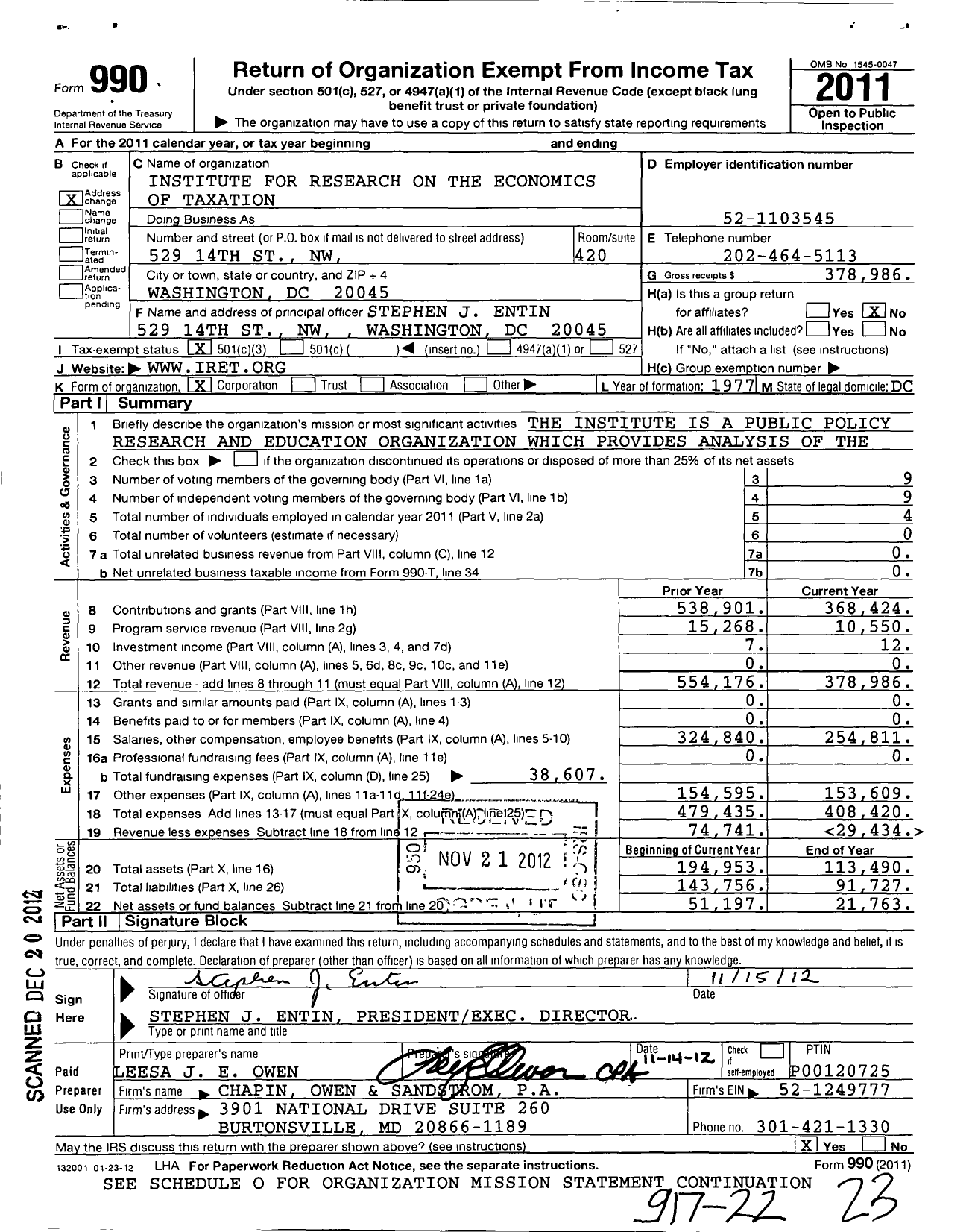 Image of first page of 2011 Form 990 for Institute for Research on the Economics of Taxation