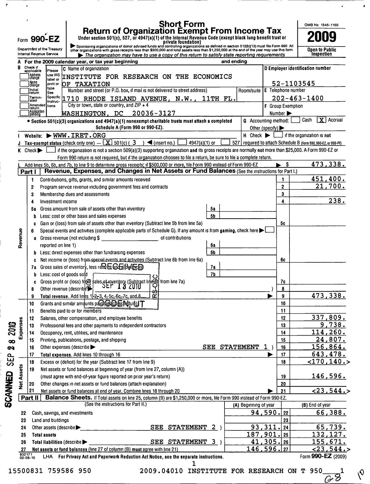 Image of first page of 2009 Form 990EZ for Institute for Research on the Economics of Taxation