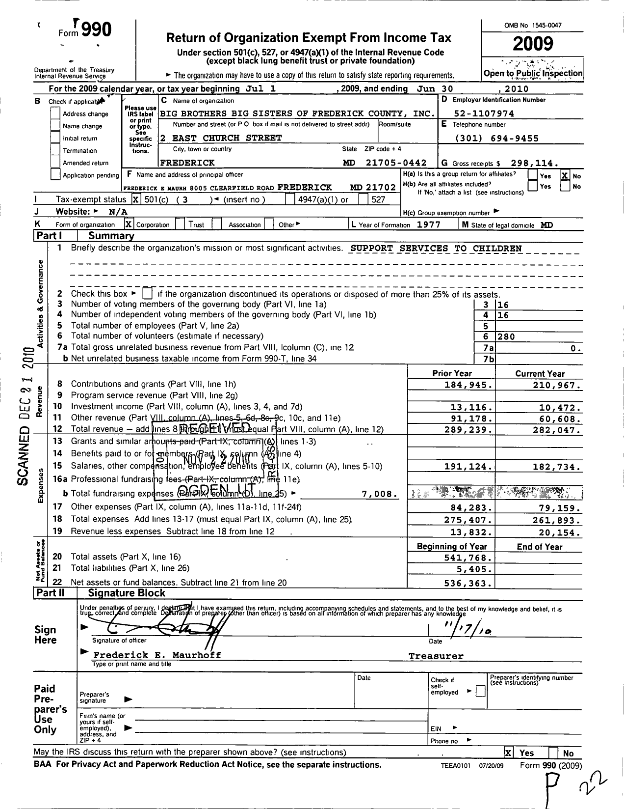 Image of first page of 2009 Form 990 for Big Brothers and Big Sisters of Frederick County MD