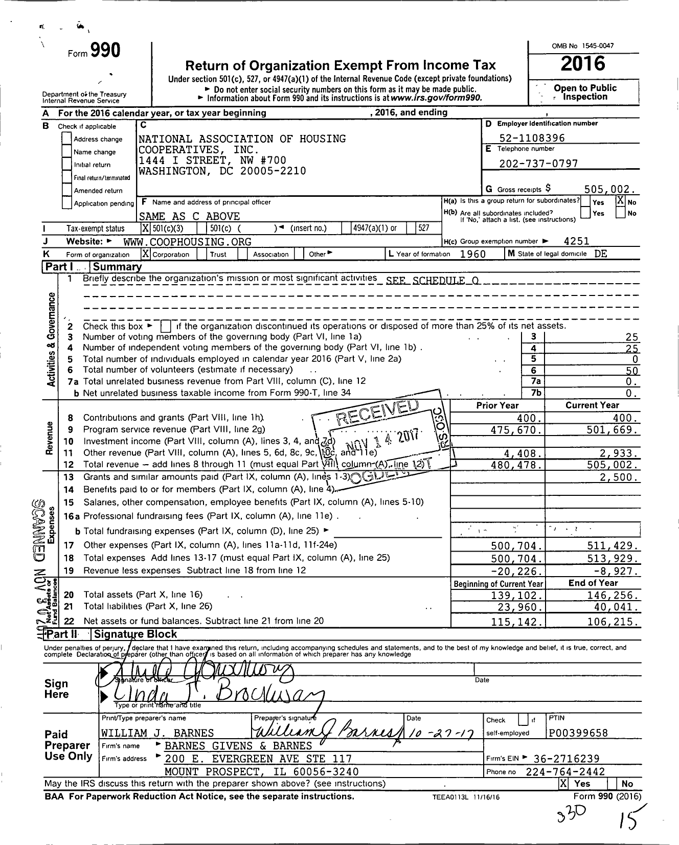 Image of first page of 2016 Form 990 for National Association of Housing Cooperatives