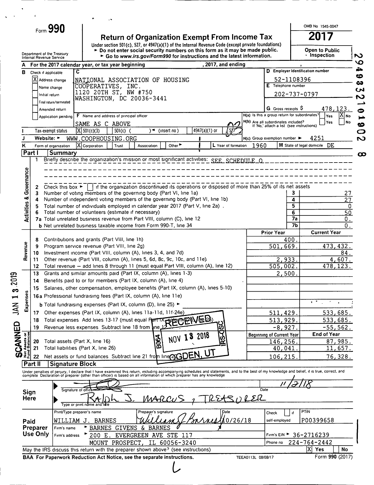 Image of first page of 2017 Form 990 for National Association of Housing Cooperatives