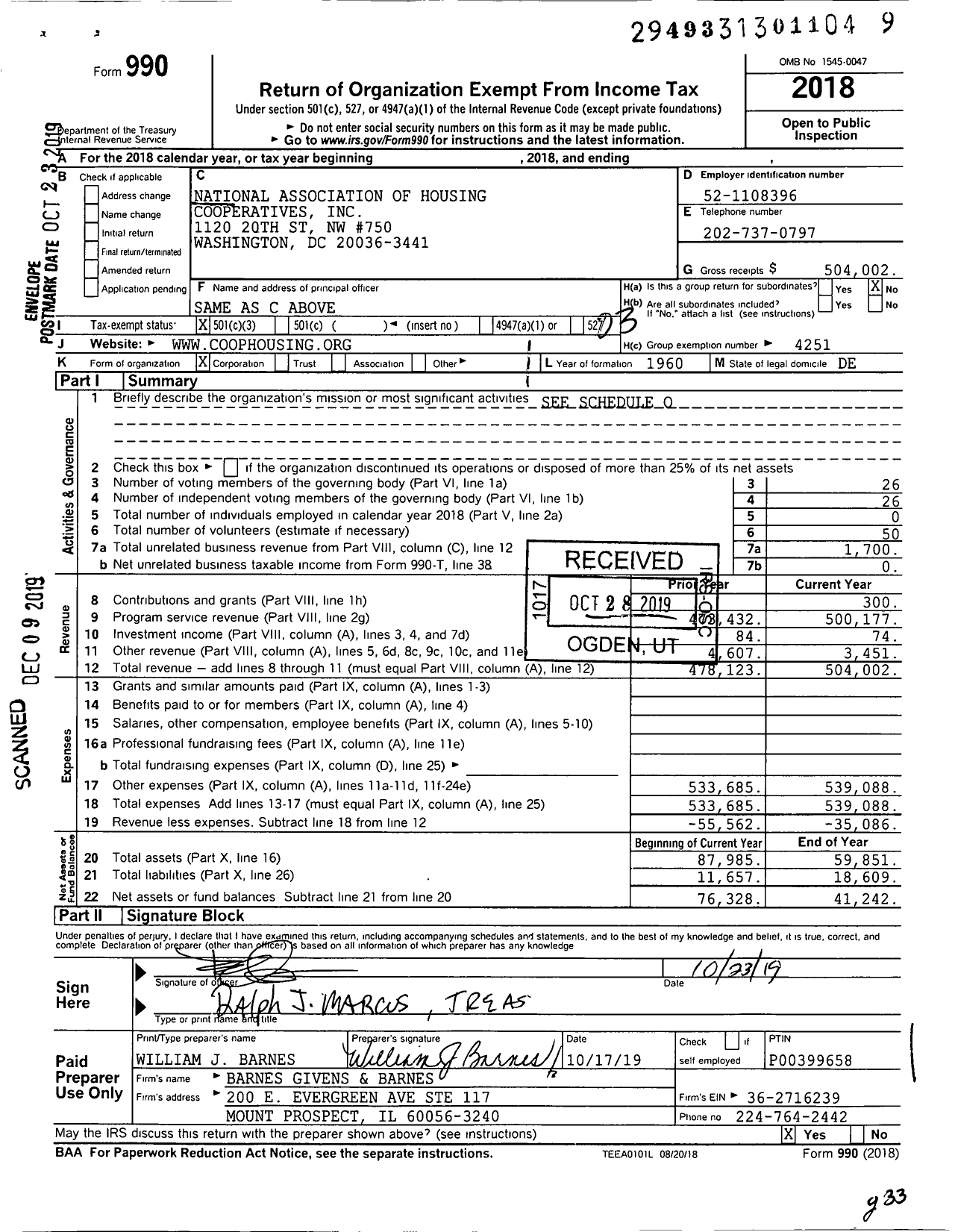Image of first page of 2018 Form 990 for National Association of Housing Cooperatives