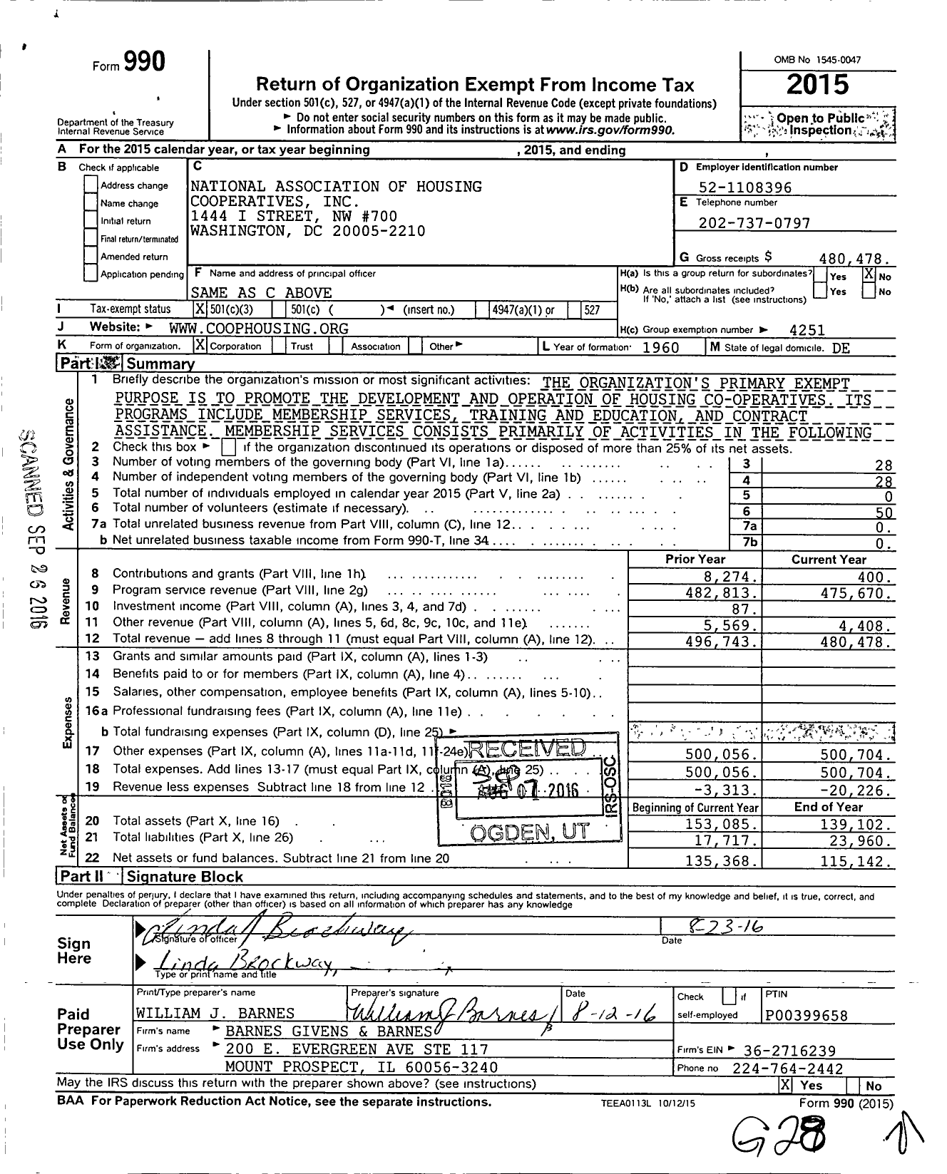 Image of first page of 2015 Form 990 for National Association of Housing Cooperatives