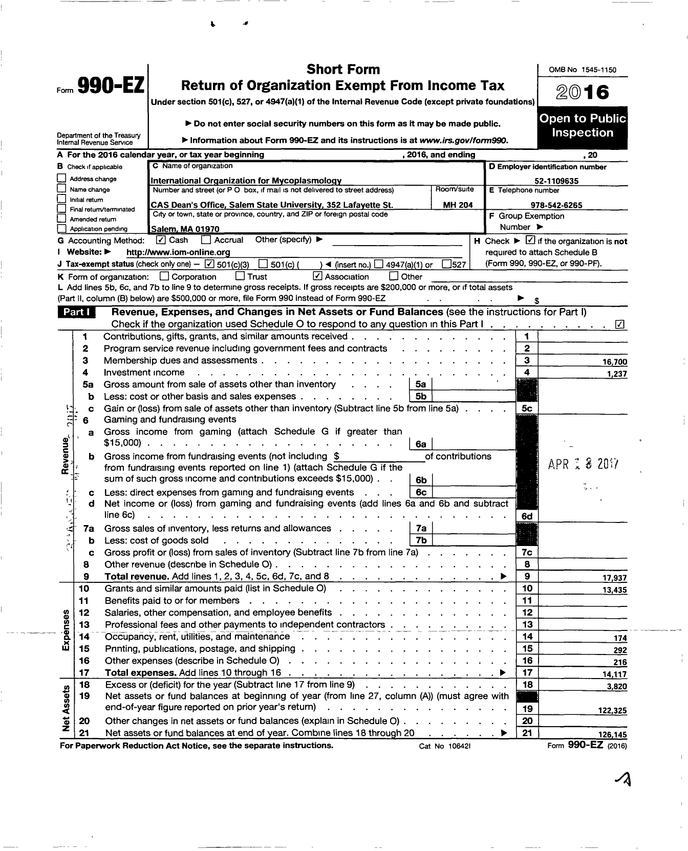 Image of first page of 2016 Form 990EZ for International Organization for Mycoplasmology