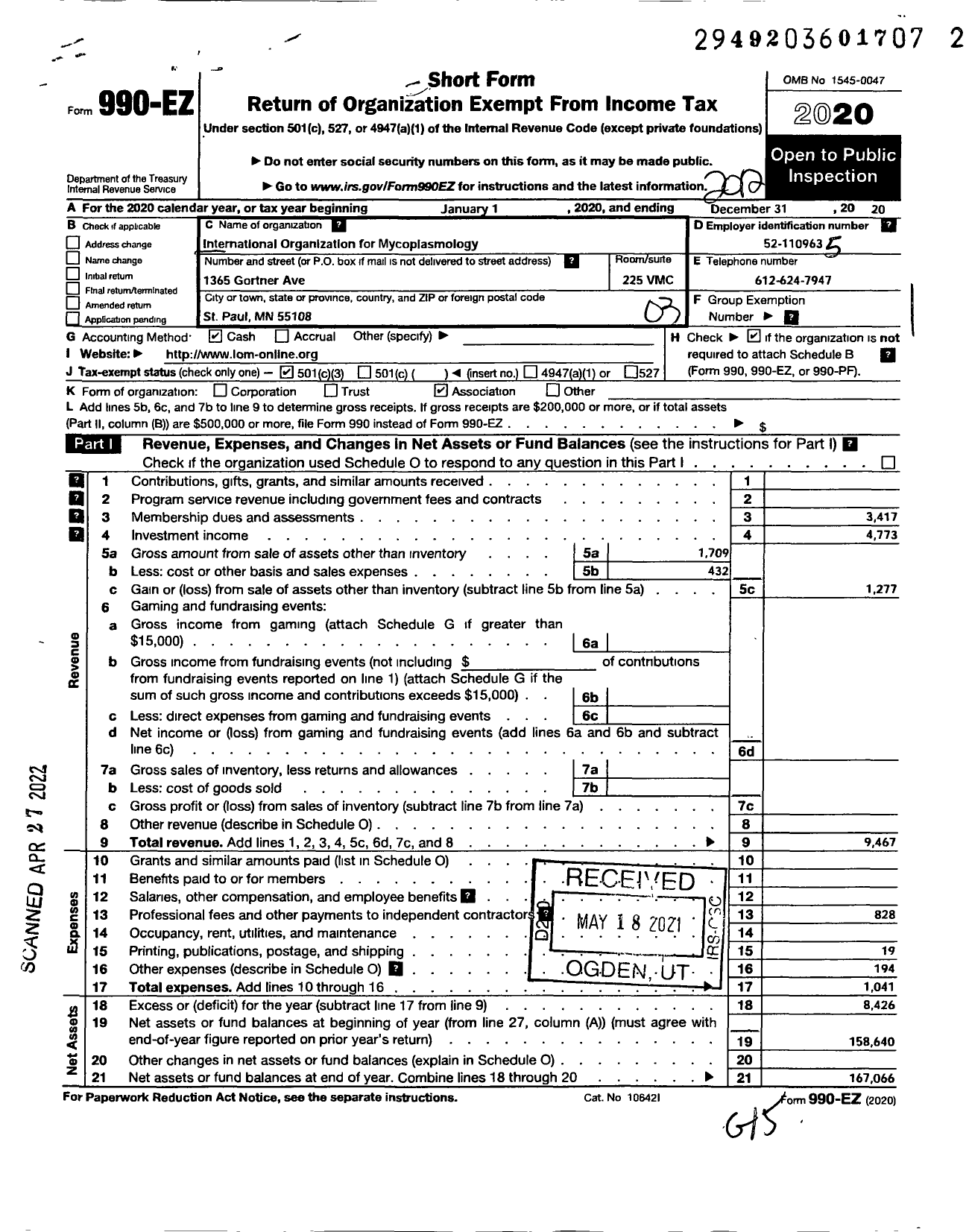 Image of first page of 2020 Form 990EZ for International Organization for Mycoplasmology