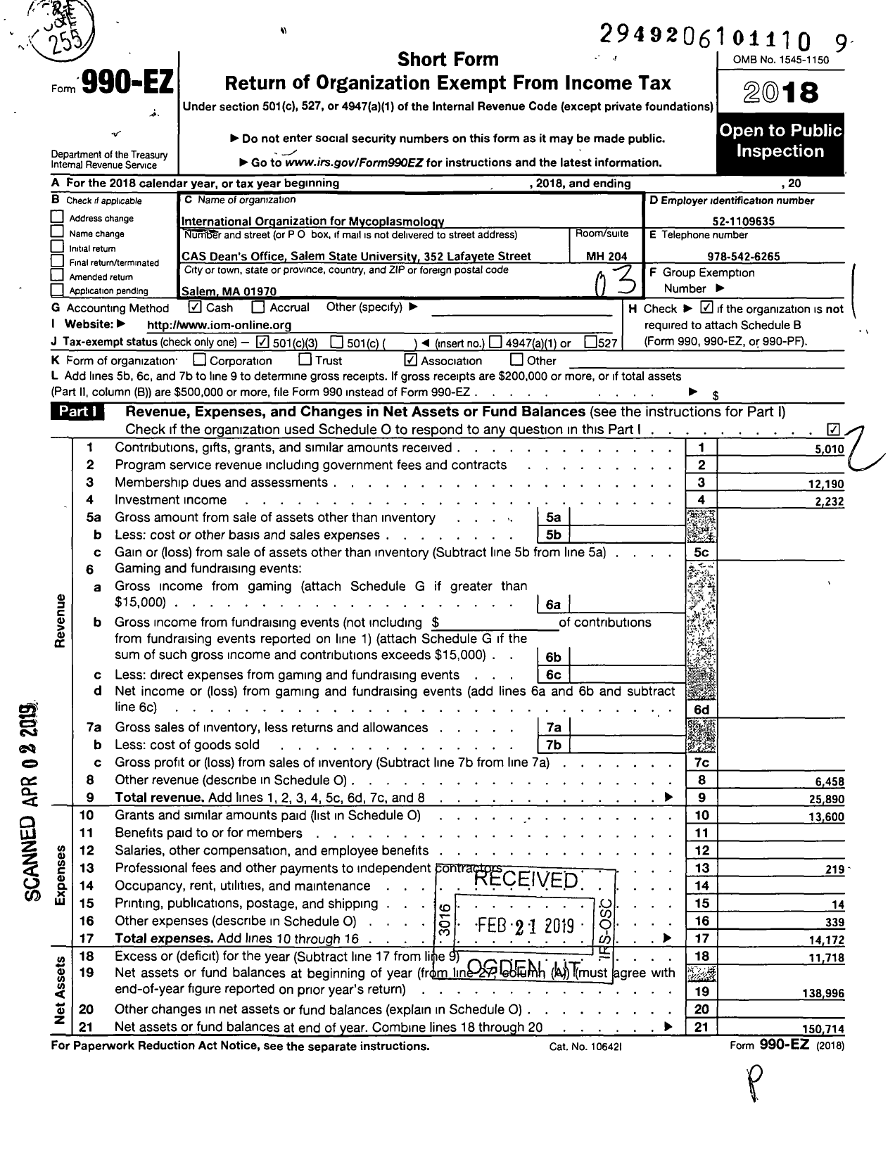 Image of first page of 2018 Form 990EZ for International Organization for Mycoplasmology