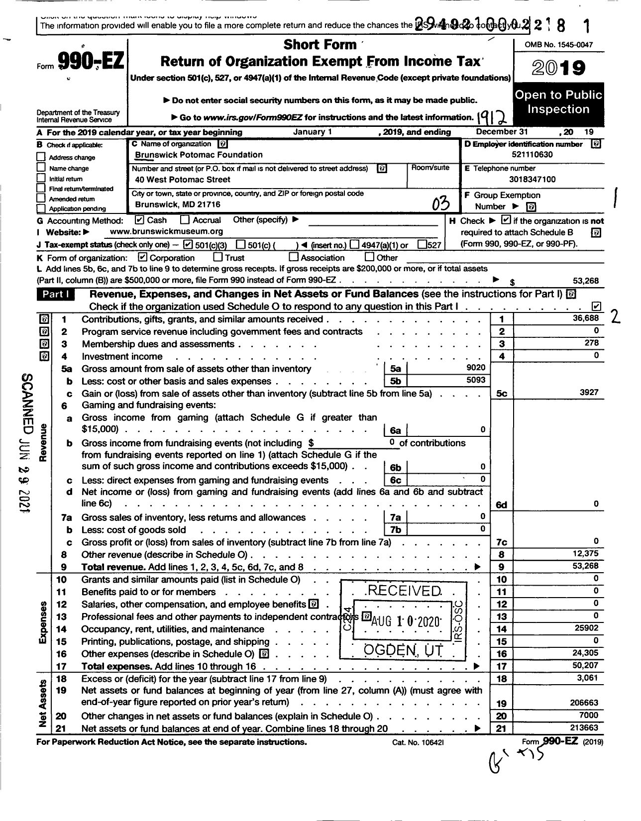 Image of first page of 2019 Form 990EZ for Brunswick-Potomac Foundation