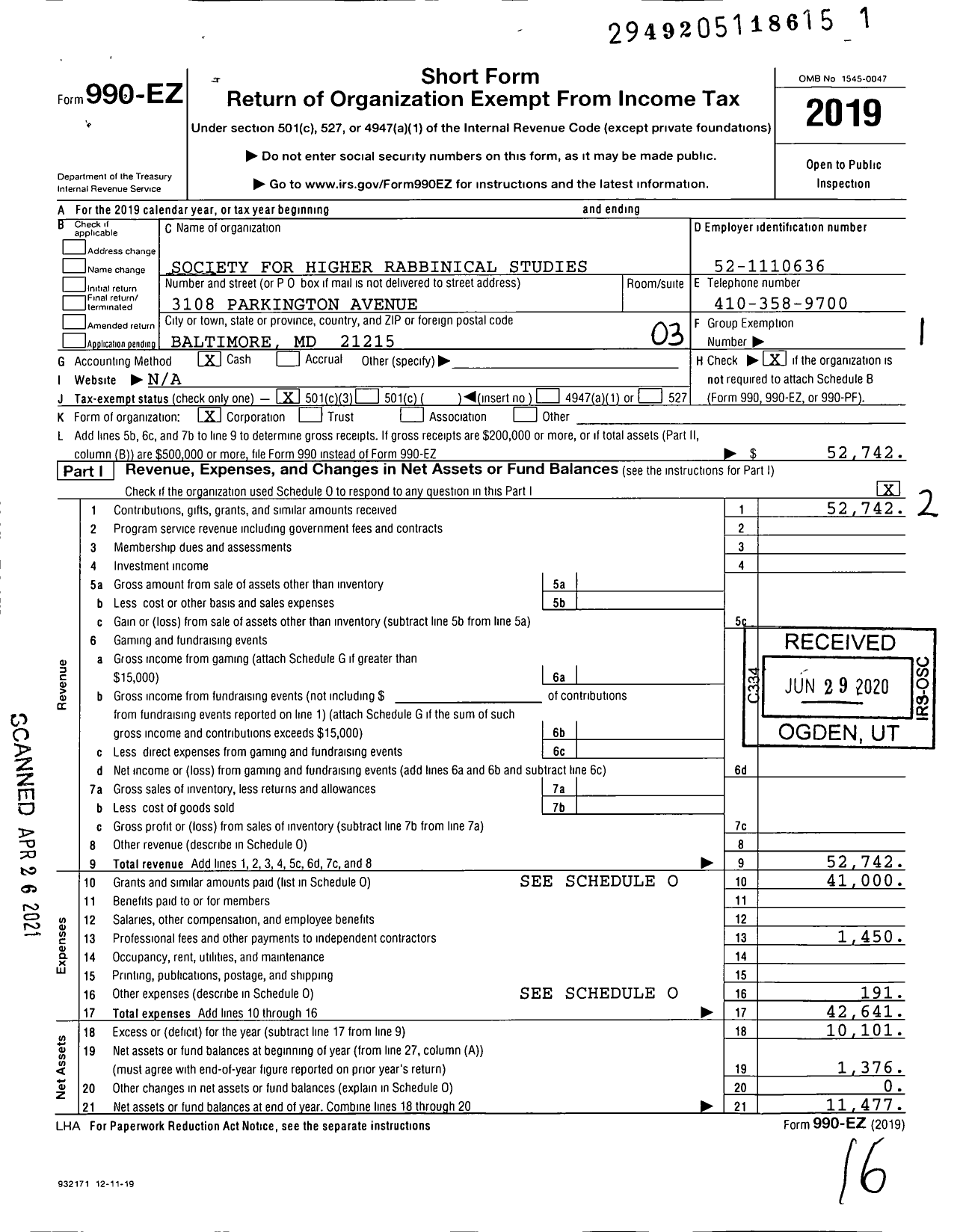 Image of first page of 2019 Form 990EZ for Society for Higher Rabbinical Studies